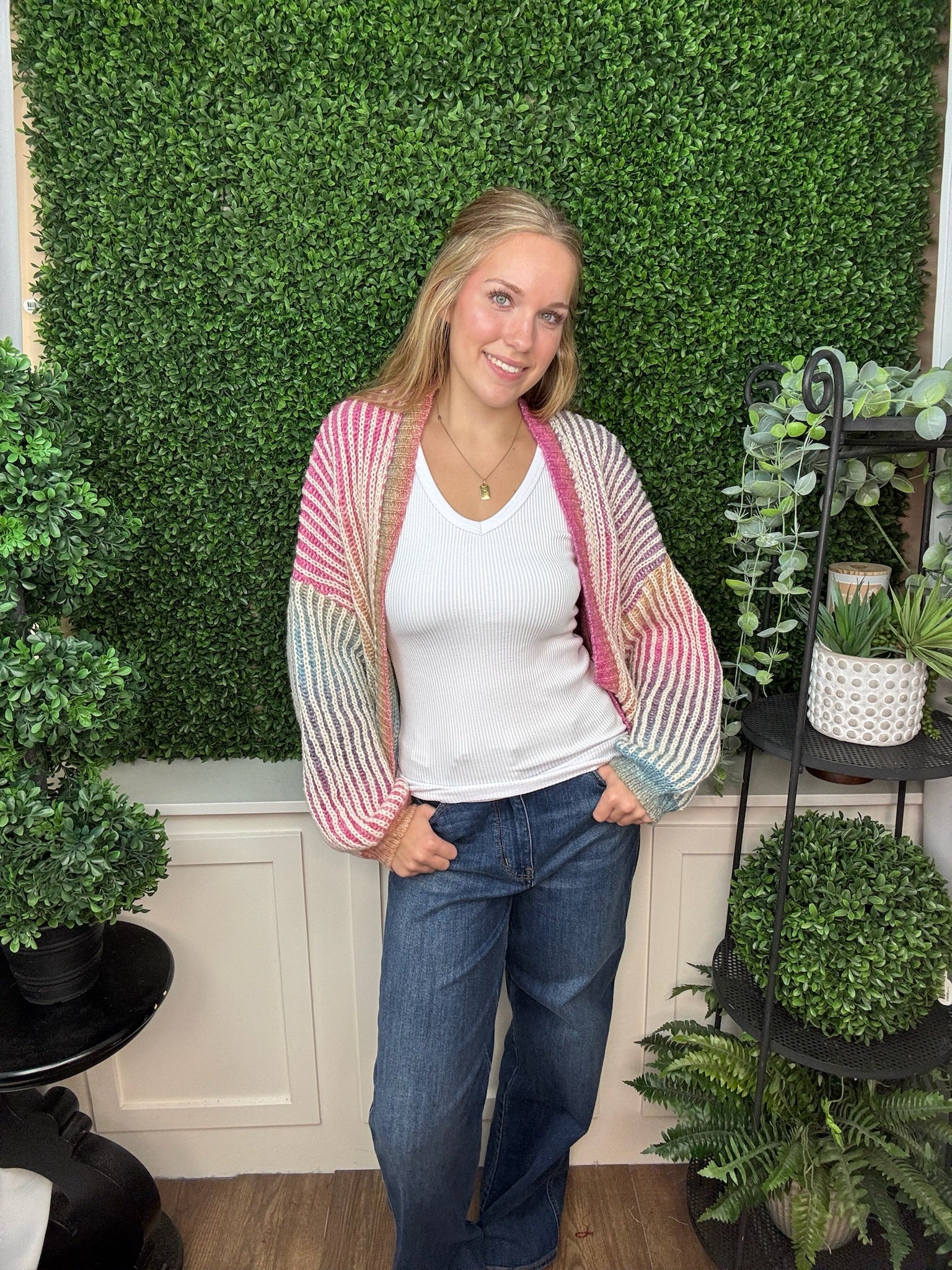 LONG-SLEEVE OPEN FRONT CARDIGAN - VIBRANT RAINBOW COLORWAY