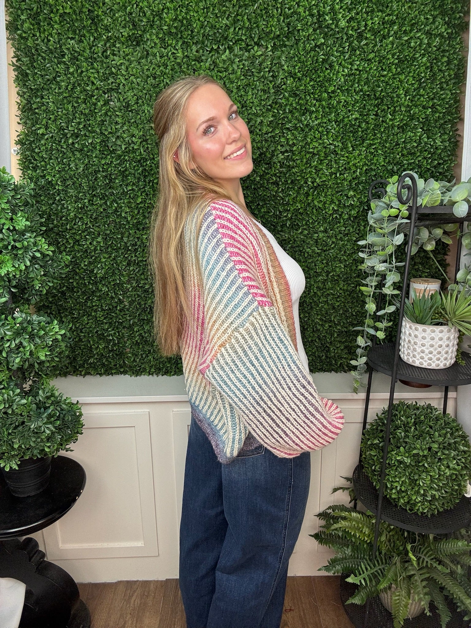 LONG-SLEEVE OPEN FRONT CARDIGAN - VIBRANT RAINBOW COLORWAY
