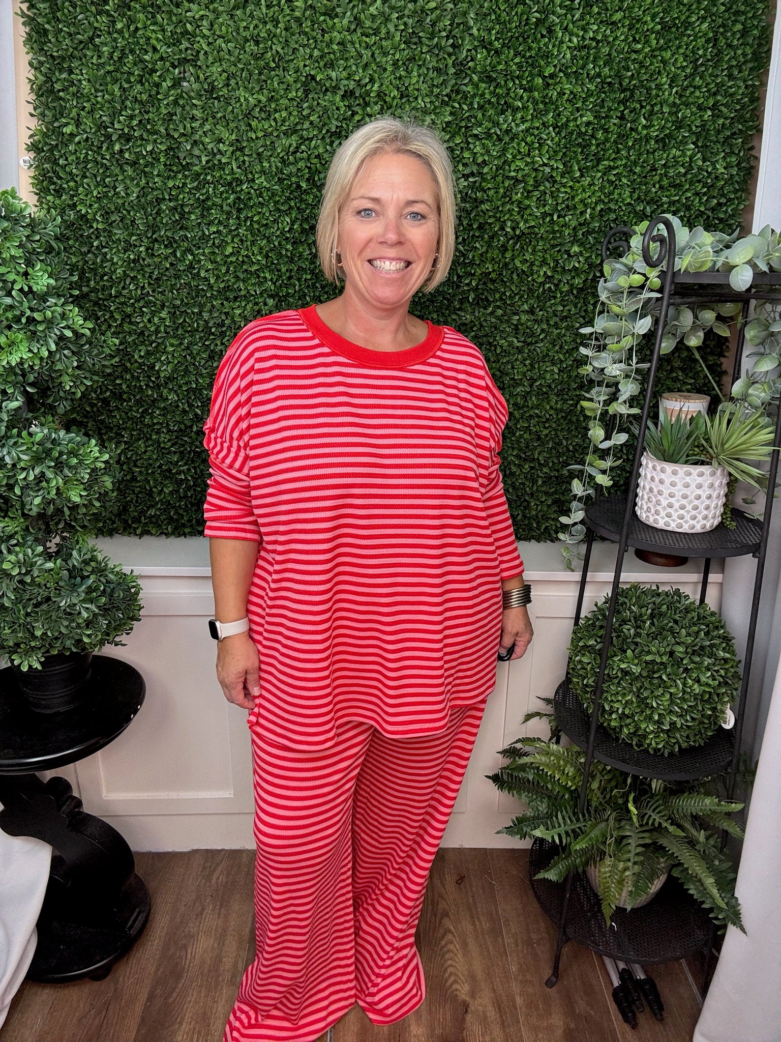 OVERSIZED STRIPED CREW NECK DROP SHOULDER TOP - PINK/RED