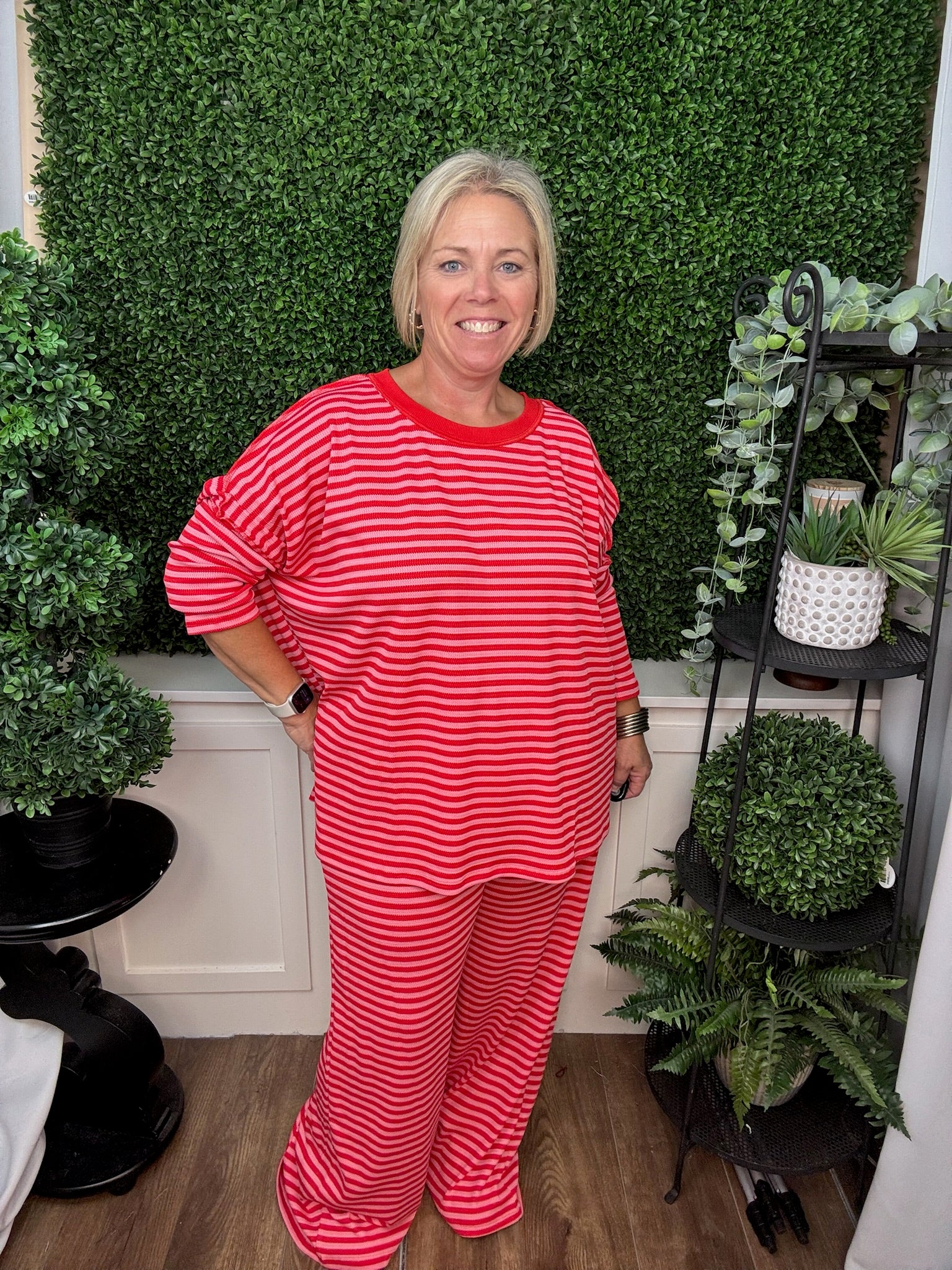 OVERSIZED STRIPED CREW NECK DROP SHOULDER TOP - PINK/RED