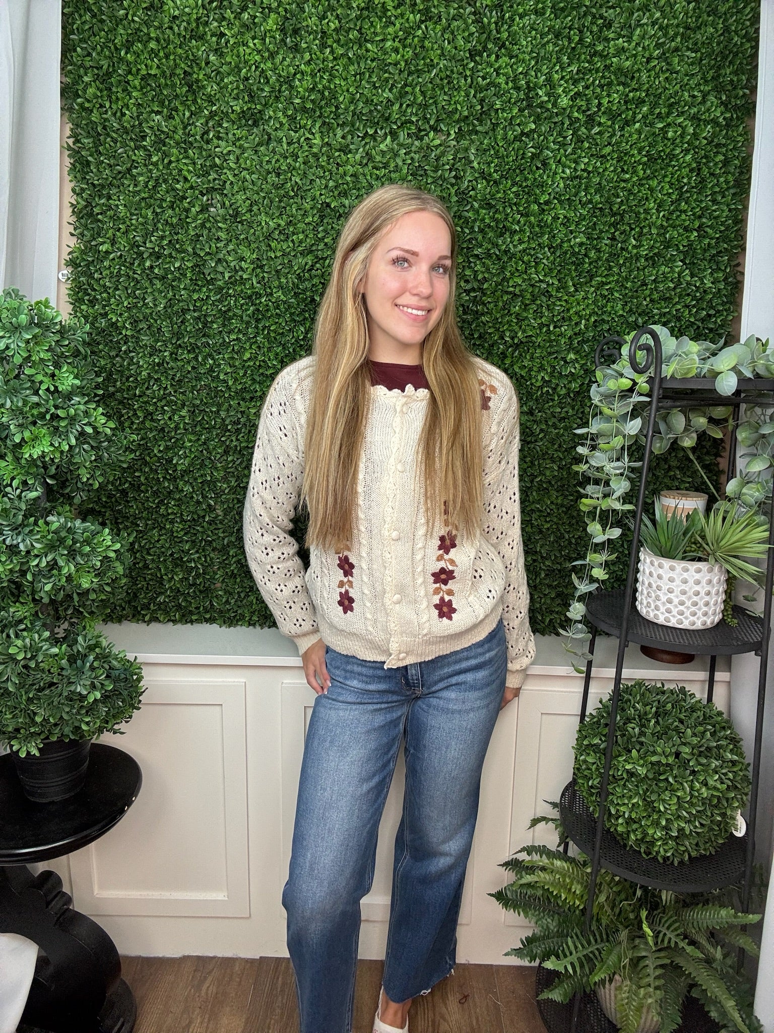 FLORAL EMBROIDERED OPEN KNIT CARDIGAN - CREAM