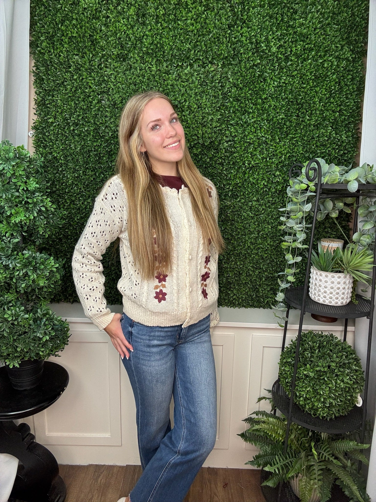 FLORAL EMBROIDERED OPEN KNIT CARDIGAN - CREAM