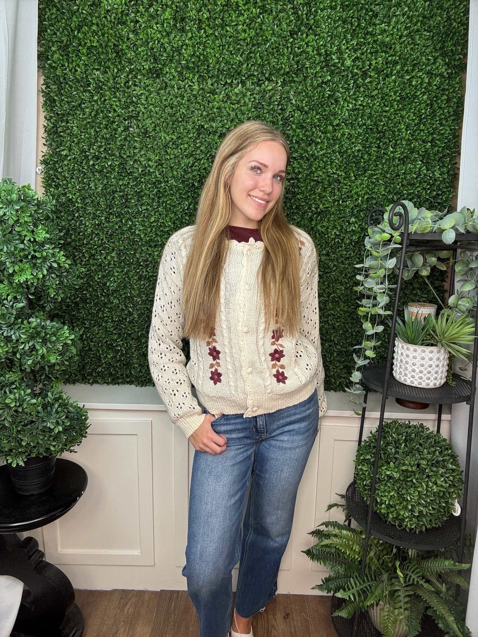FLORAL EMBROIDERED OPEN KNIT CARDIGAN - CREAM