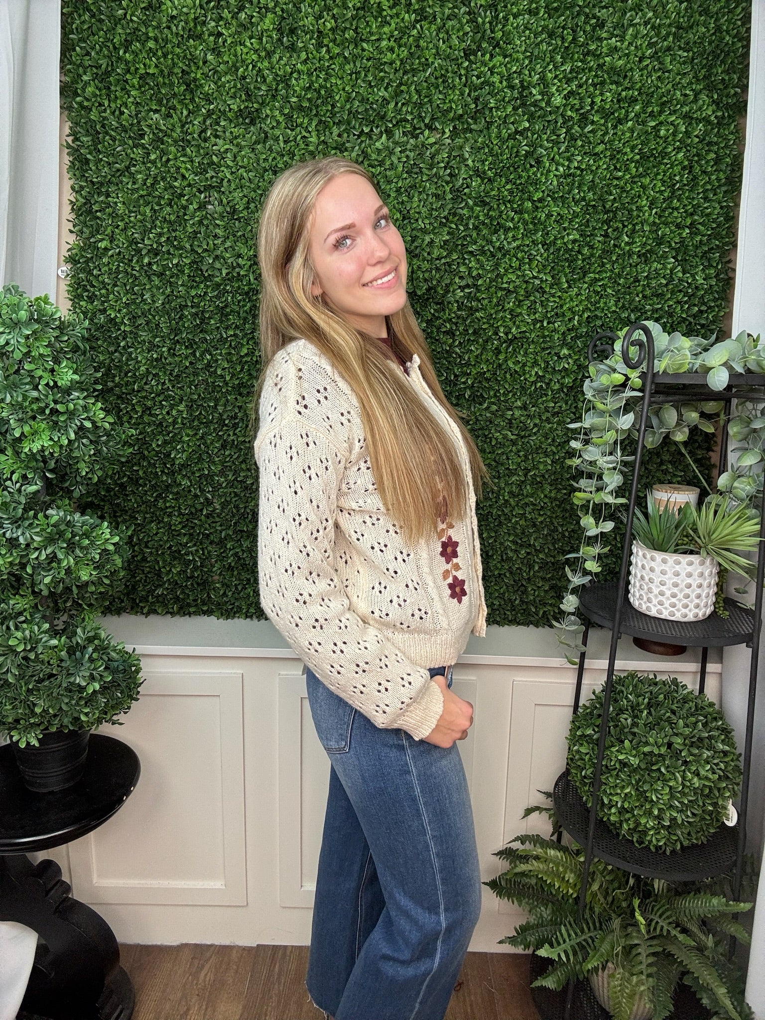 FLORAL EMBROIDERED OPEN KNIT CARDIGAN - CREAM