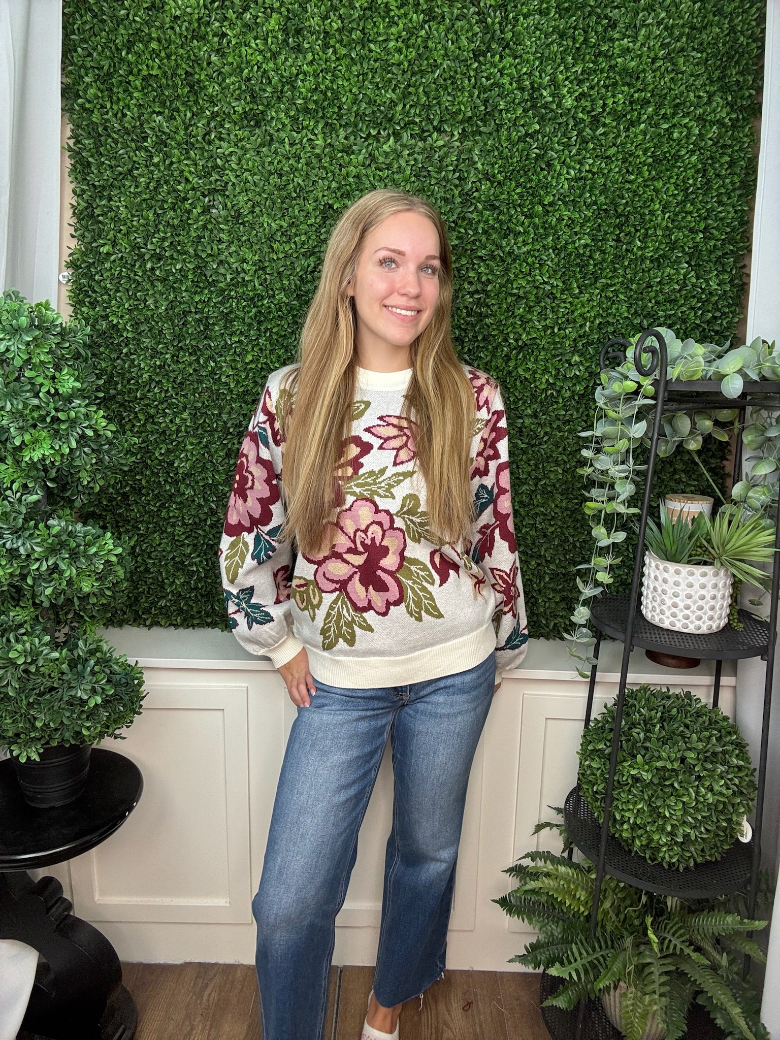 Bold Floral Jacquard Knit Crewneck Sweater