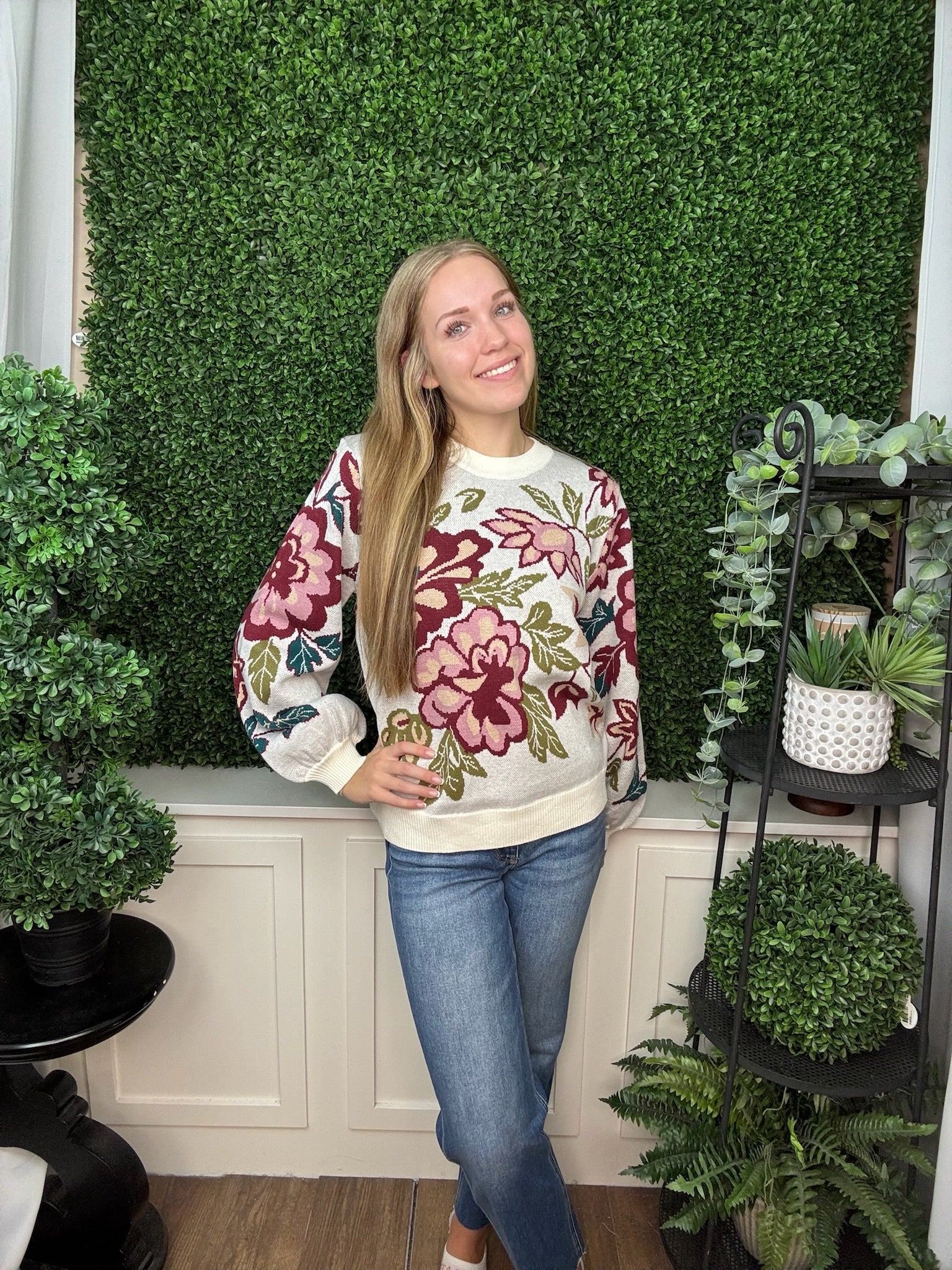 Bold Floral Jacquard Knit Crewneck Sweater