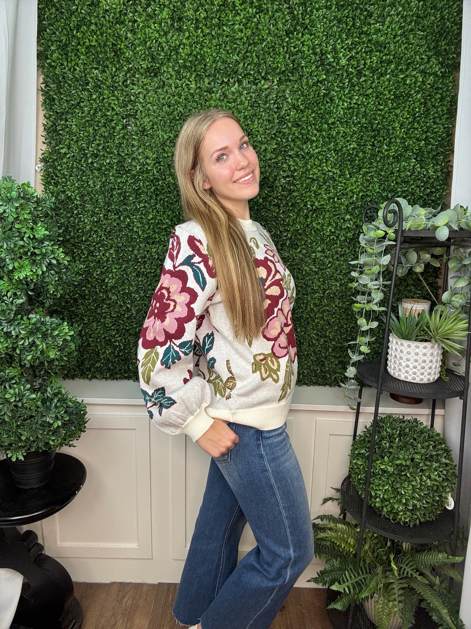 Bold Floral Jacquard Knit Crewneck Sweater