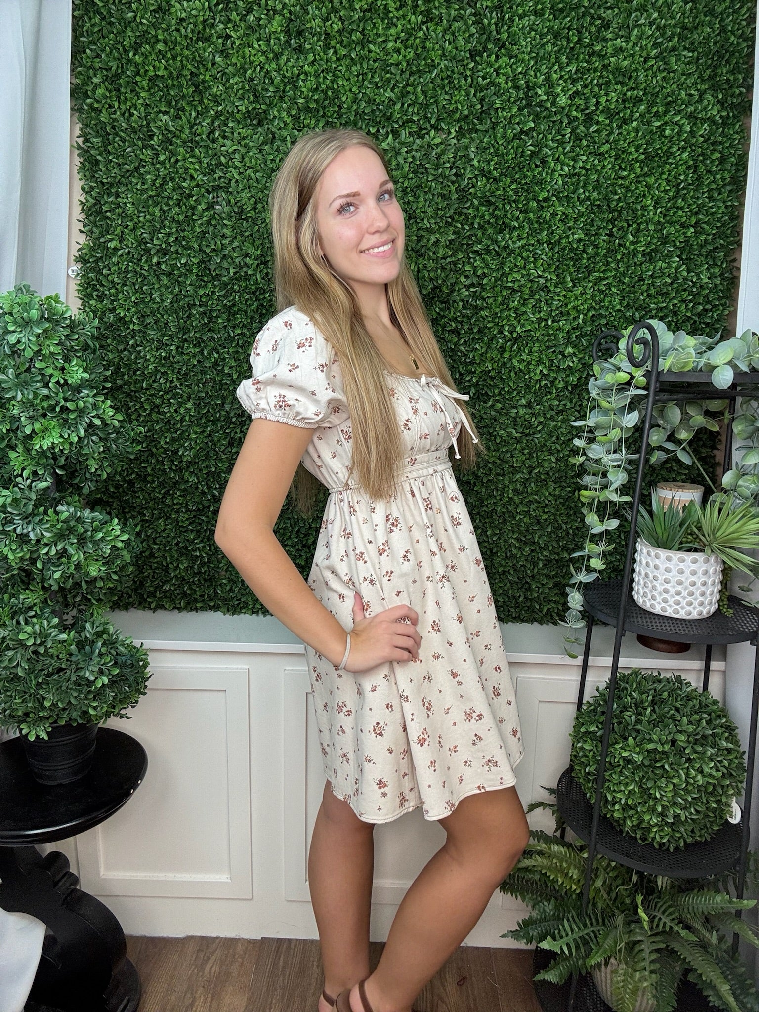 FLORAL PRINT PUFF SLEEVE TIE FRONT MINI DRESS - OATMEAL MULTI