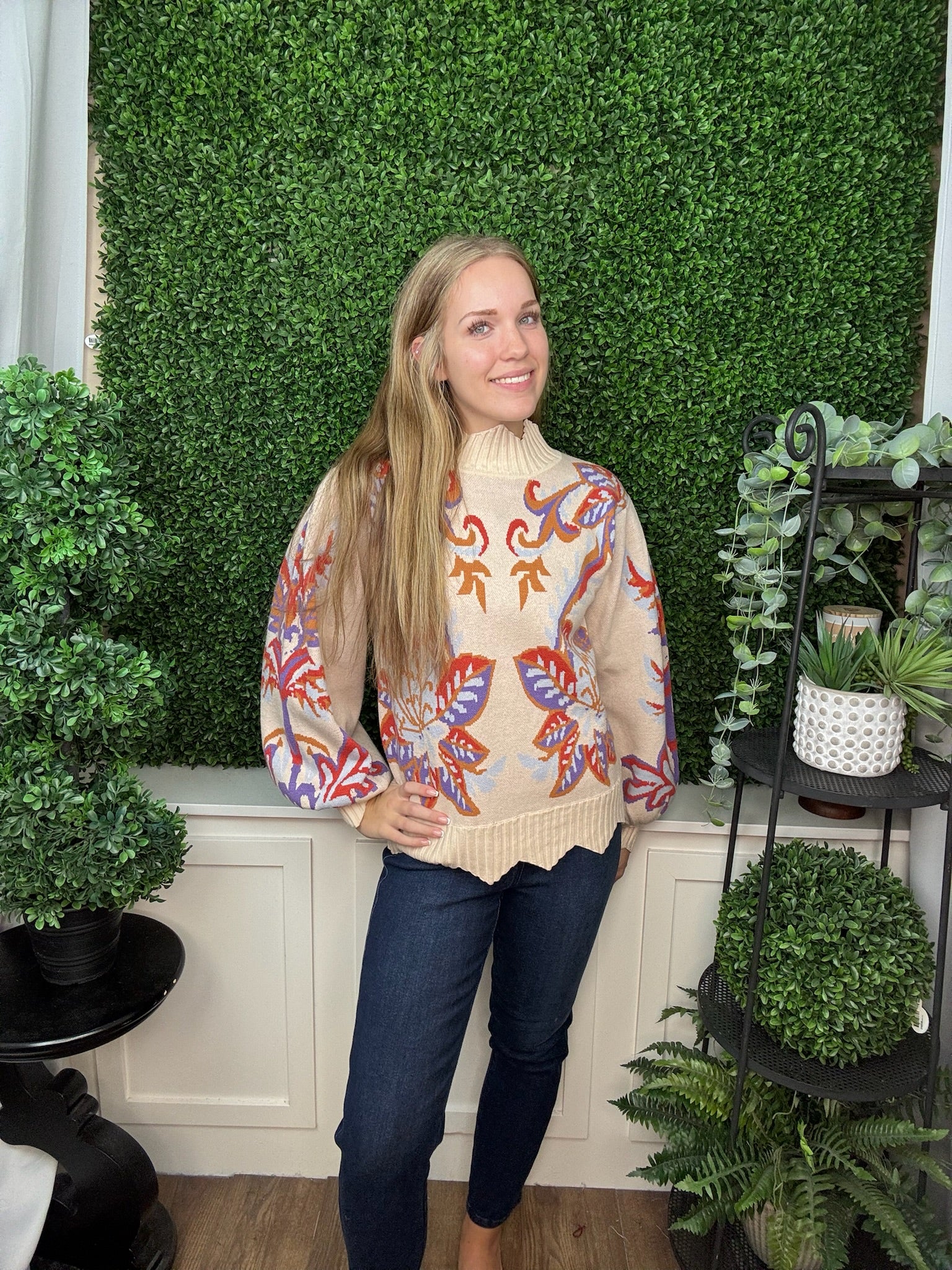 Floral & Leaf Motif Jacquard Knit Sweater with Waved Edge Detail