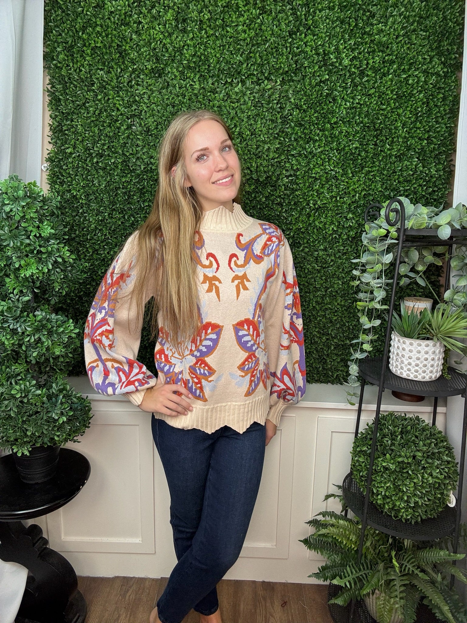 Floral & Leaf Motif Jacquard Knit Sweater with Waved Edge Detail