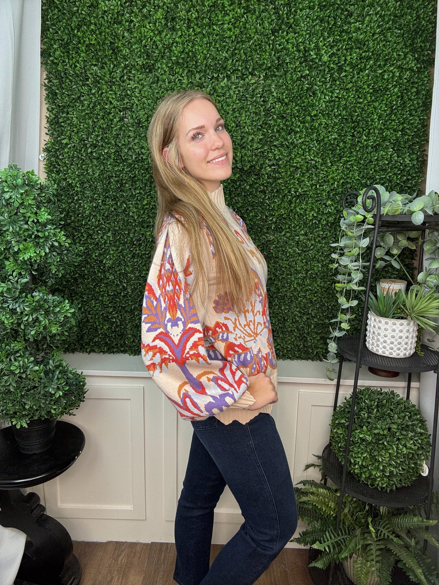 Floral & Leaf Motif Jacquard Knit Sweater with Waved Edge Detail