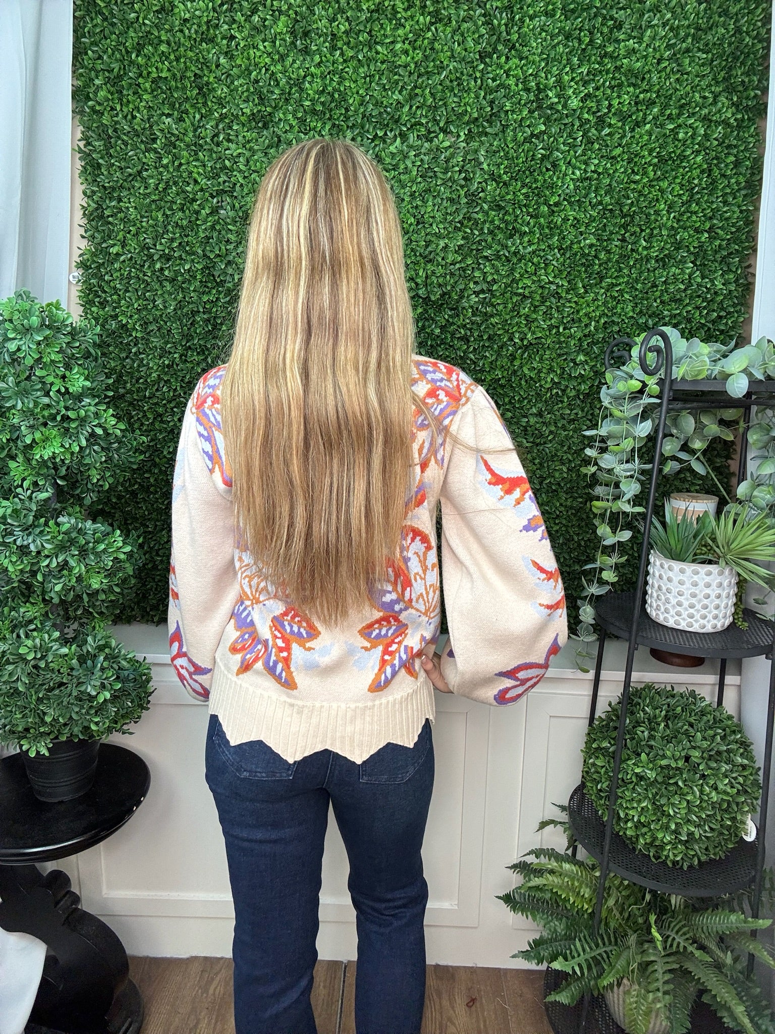 Floral & Leaf Motif Jacquard Knit Sweater with Waved Edge Detail