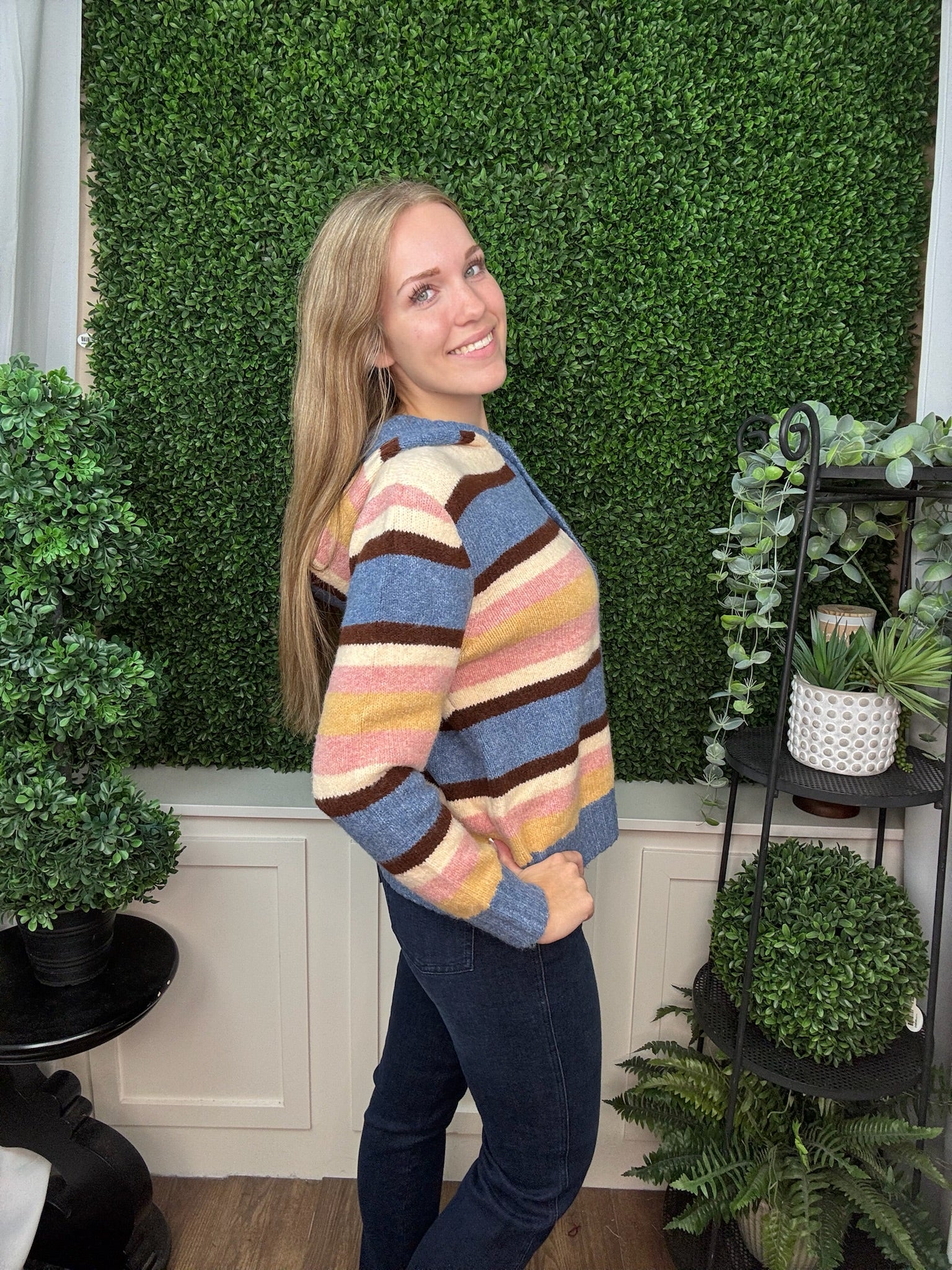 Multi Color Block Hooded Button Down Cardigan