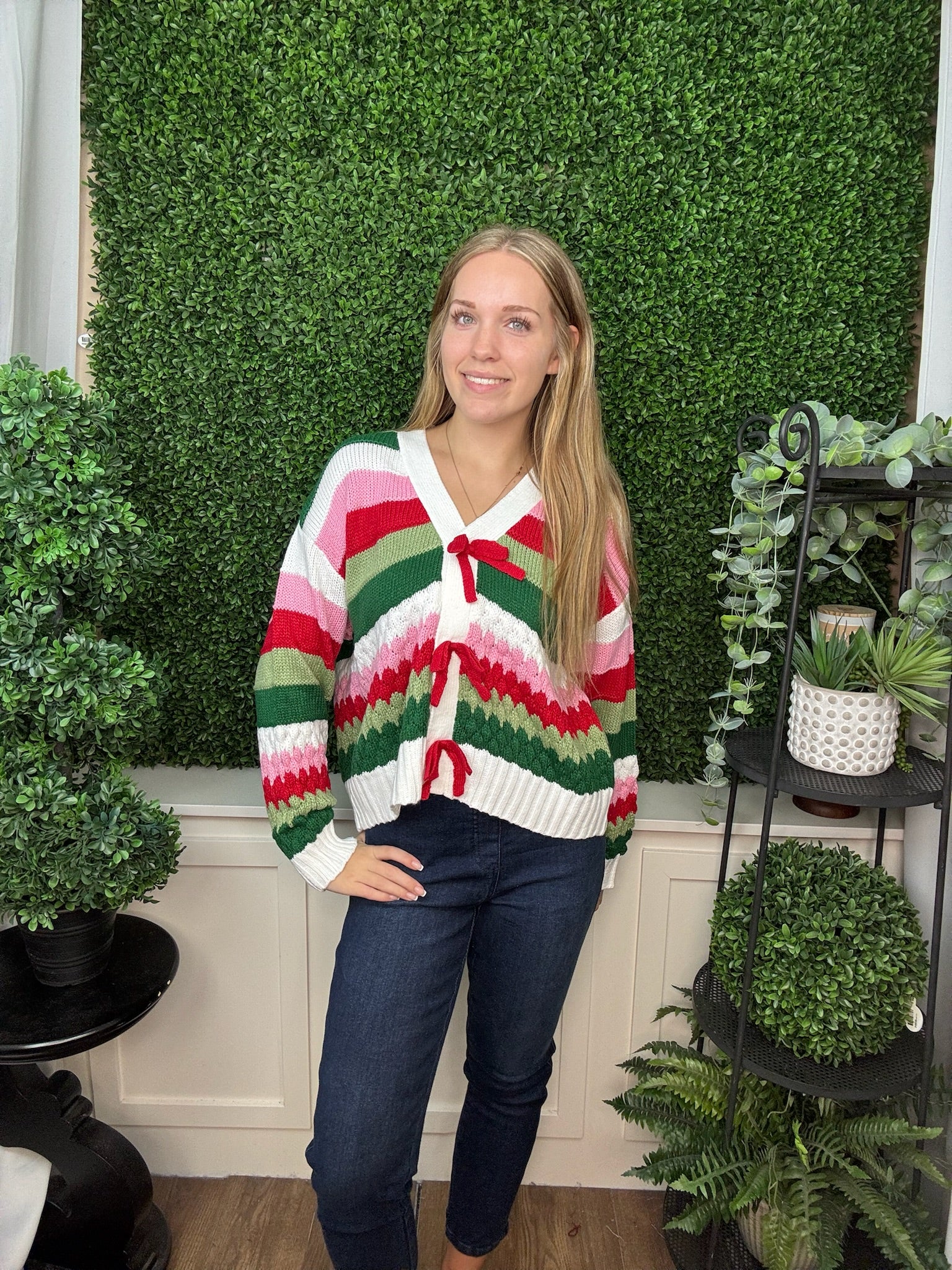 HOLIDAY RIBBON TIE STRIPE CARDIGAN SWEATER - MULTI