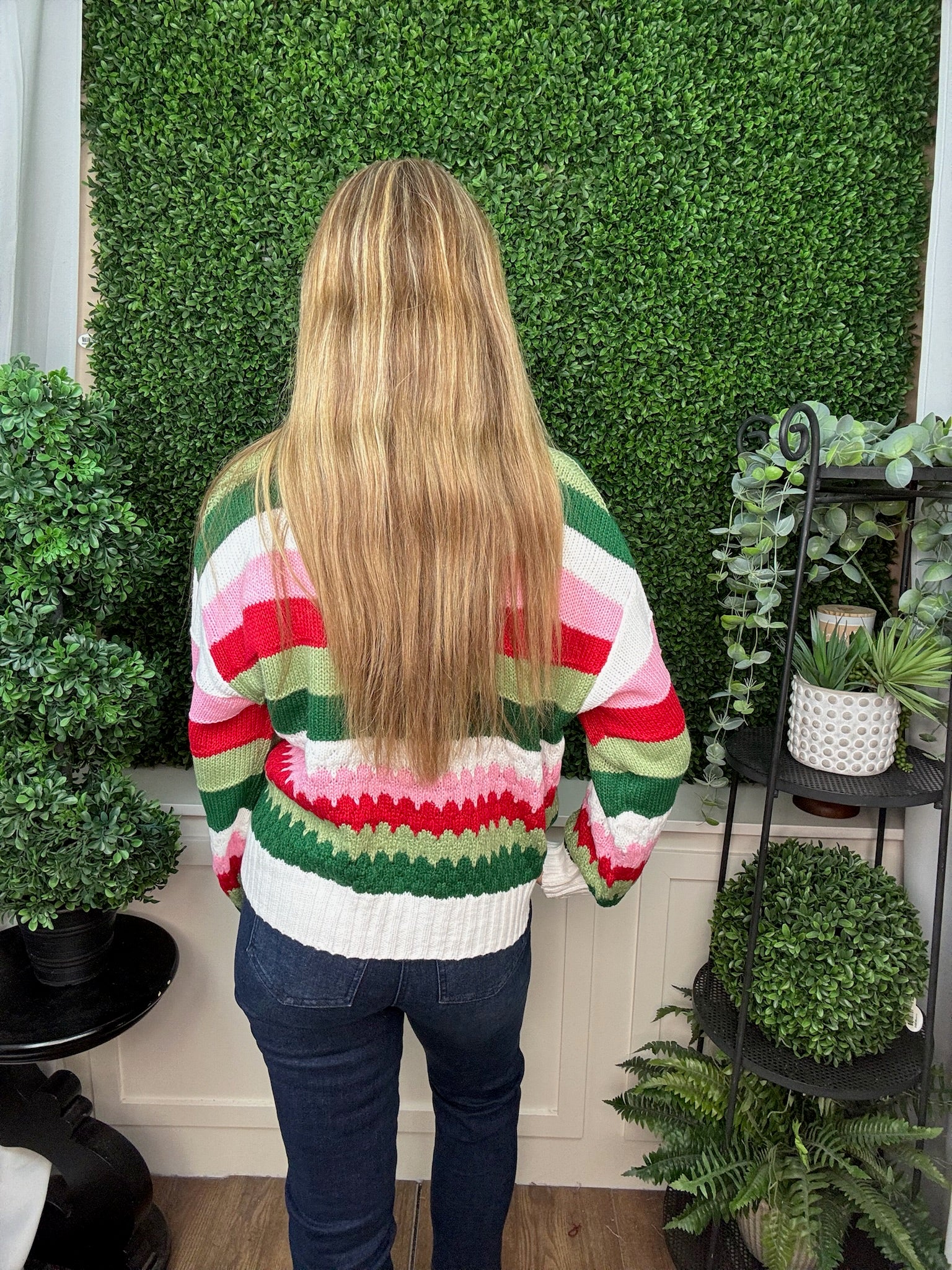 HOLIDAY RIBBON TIE STRIPE CARDIGAN SWEATER - MULTI