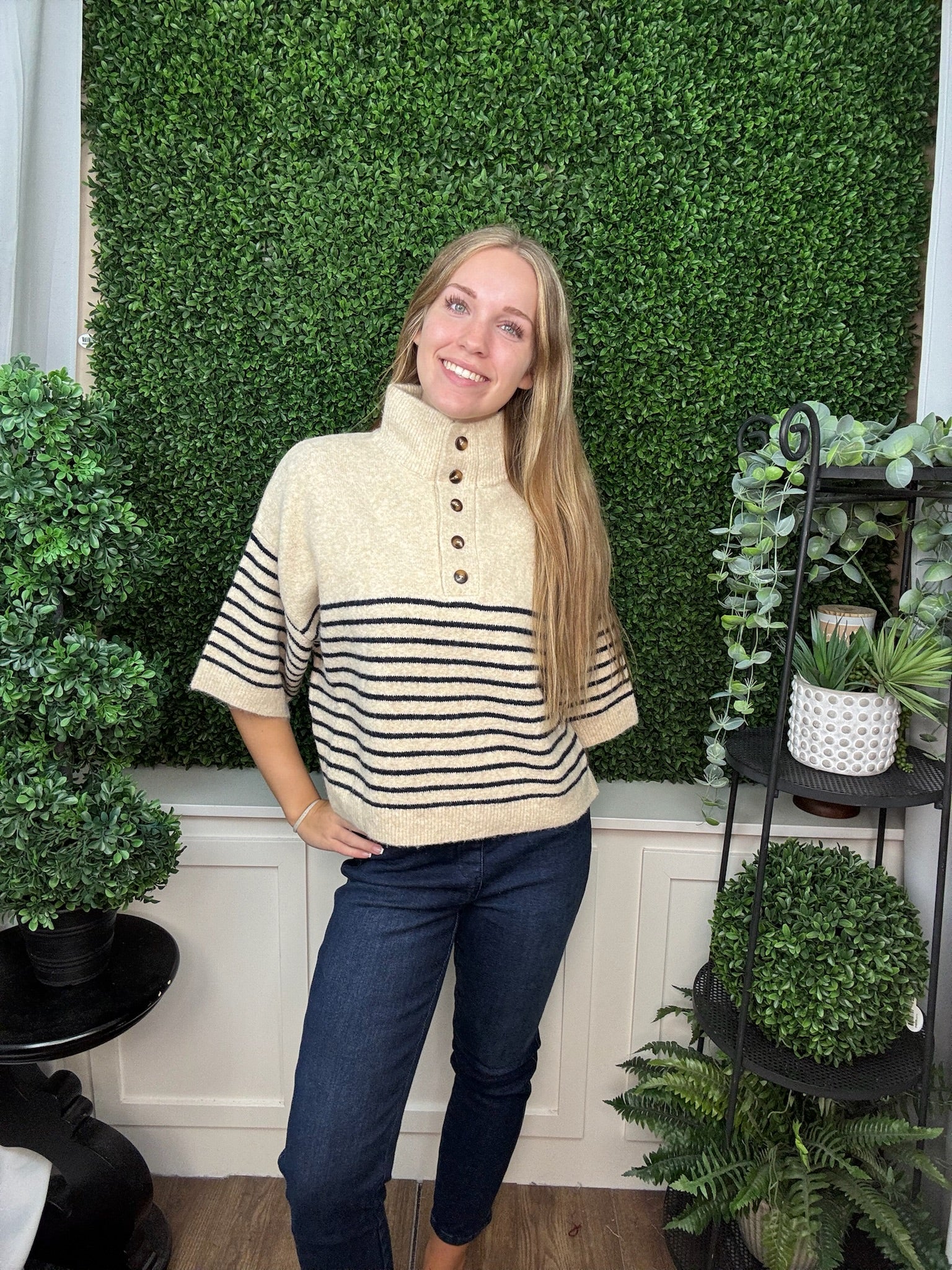 STRIPED MOCK NECK TOP - ECRU