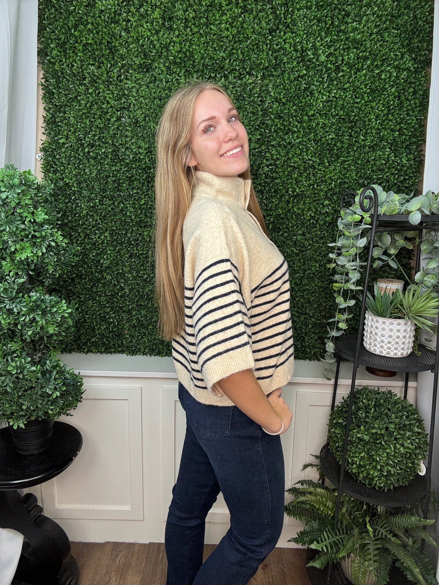 STRIPED MOCK NECK TOP - ECRU