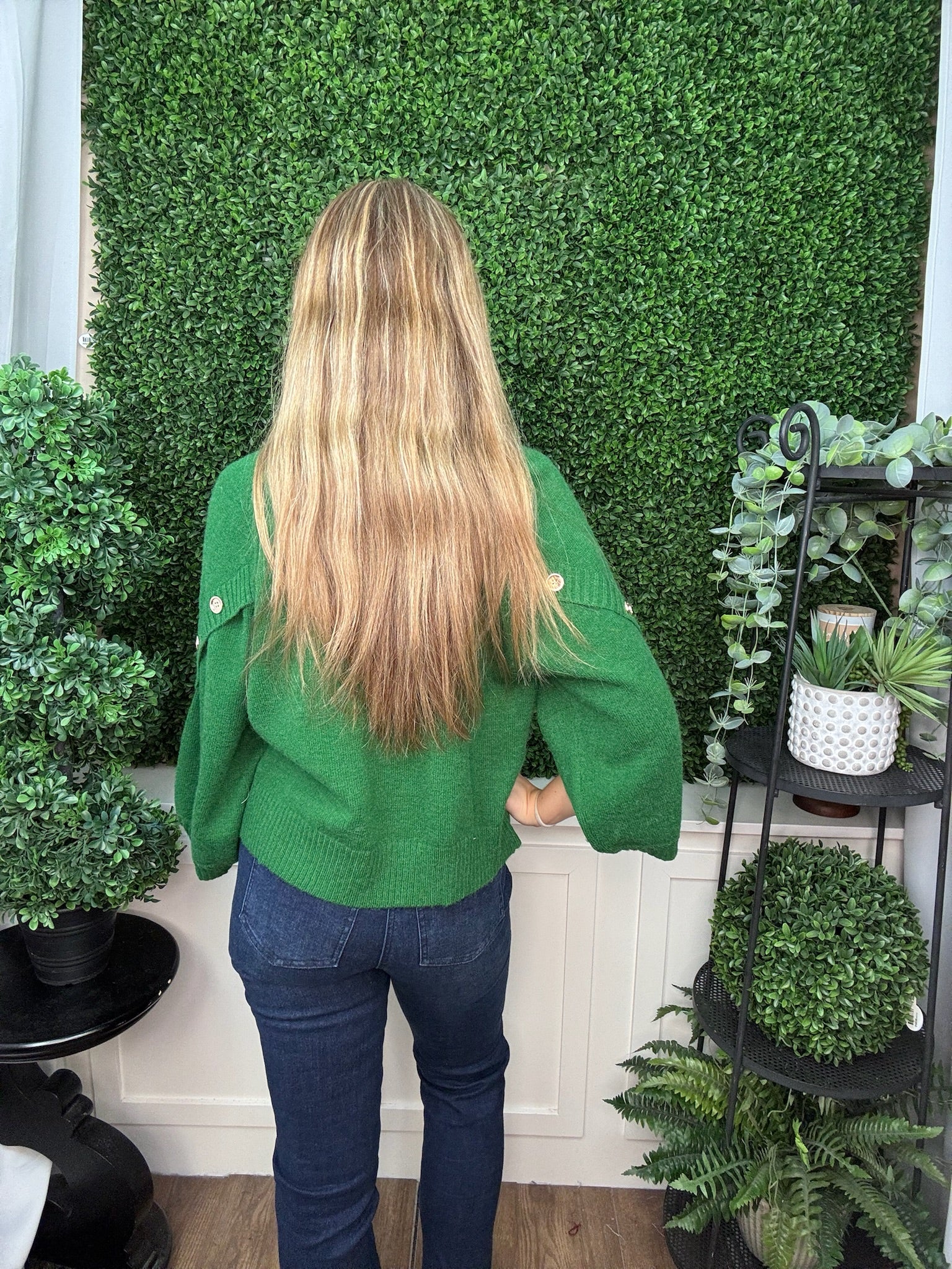 CREW NECK LONG SLEEVE KNIT SWEATER WITH BUTTON CUFF DETAIL - PINE