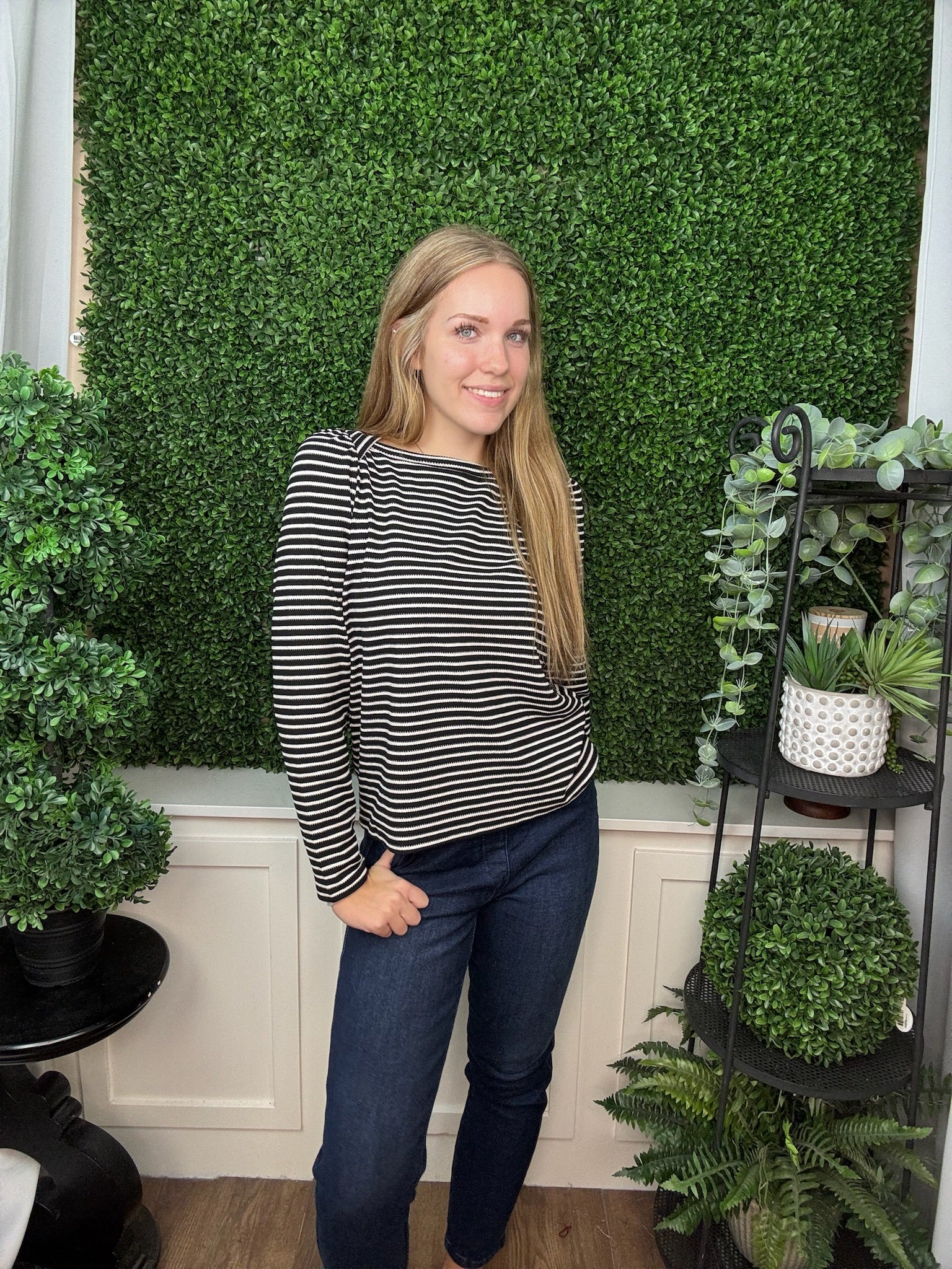 STRIPE 3/4 SLEEVE KNIT TOP - BLACK STRIPE