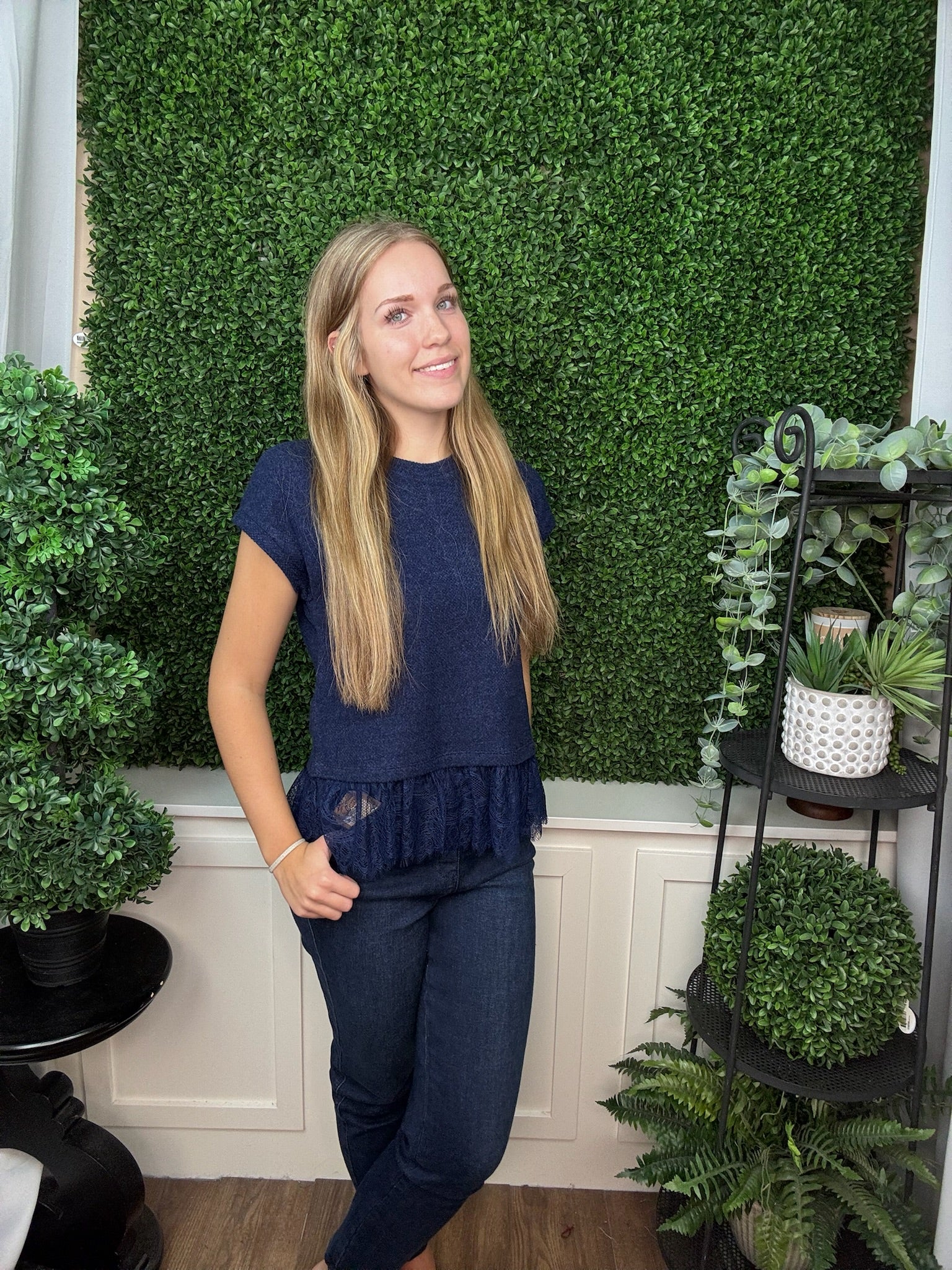 LACE TRIM TEXTURED KNIT TOP - MIDNIGHT
