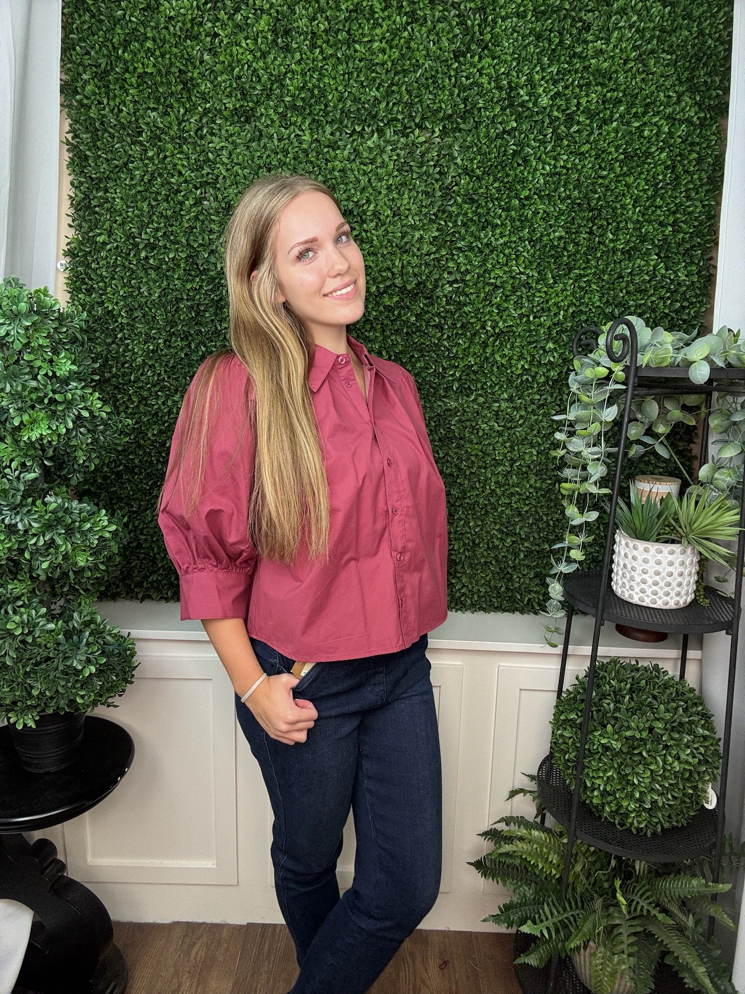 BUTTON FRONT LONG SLEEVE BLOUSE WITH GATHERED CUFFS - ROSEWOOD PINK