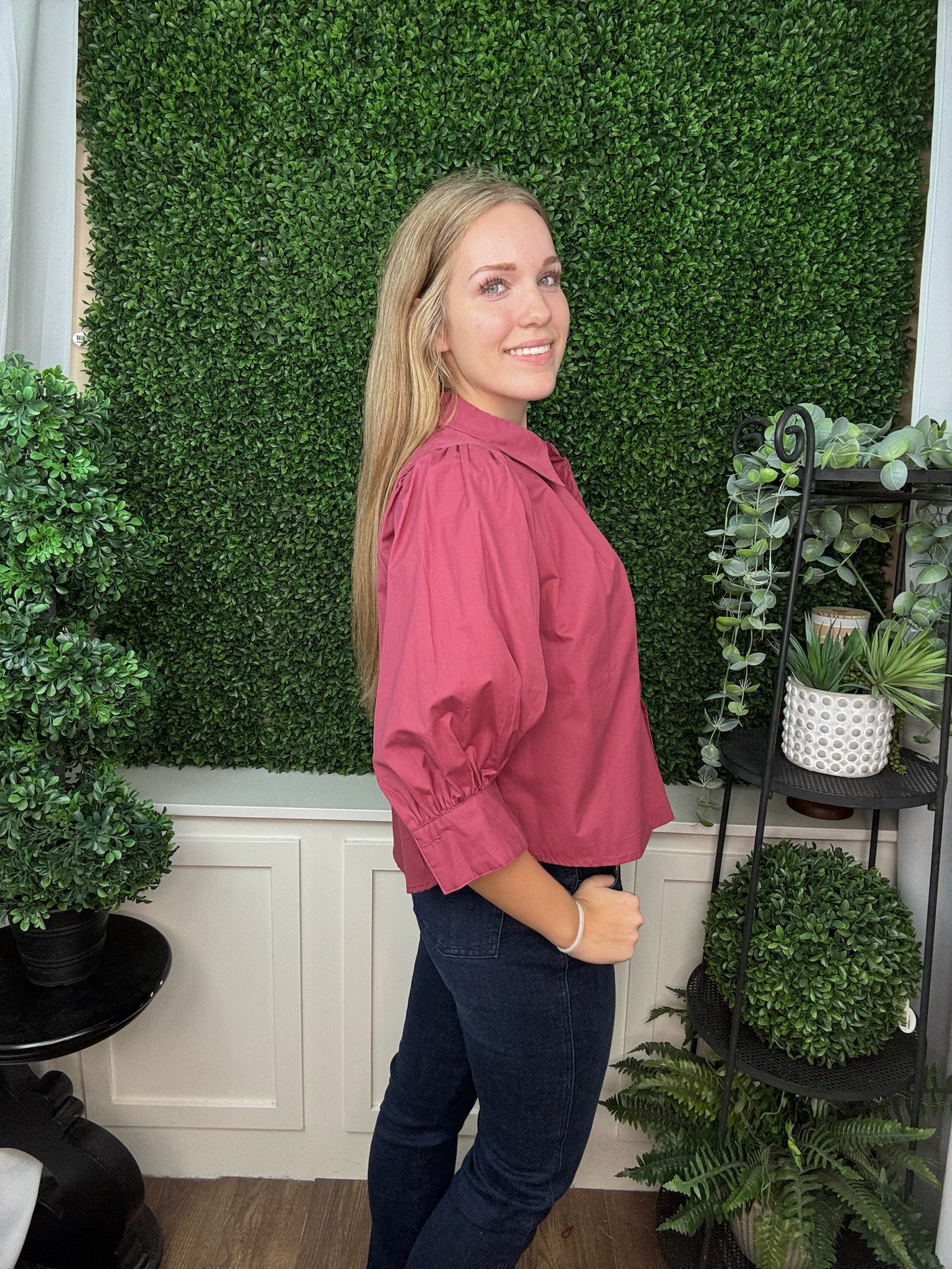 BUTTON FRONT LONG SLEEVE BLOUSE WITH GATHERED CUFFS - ROSEWOOD PINK