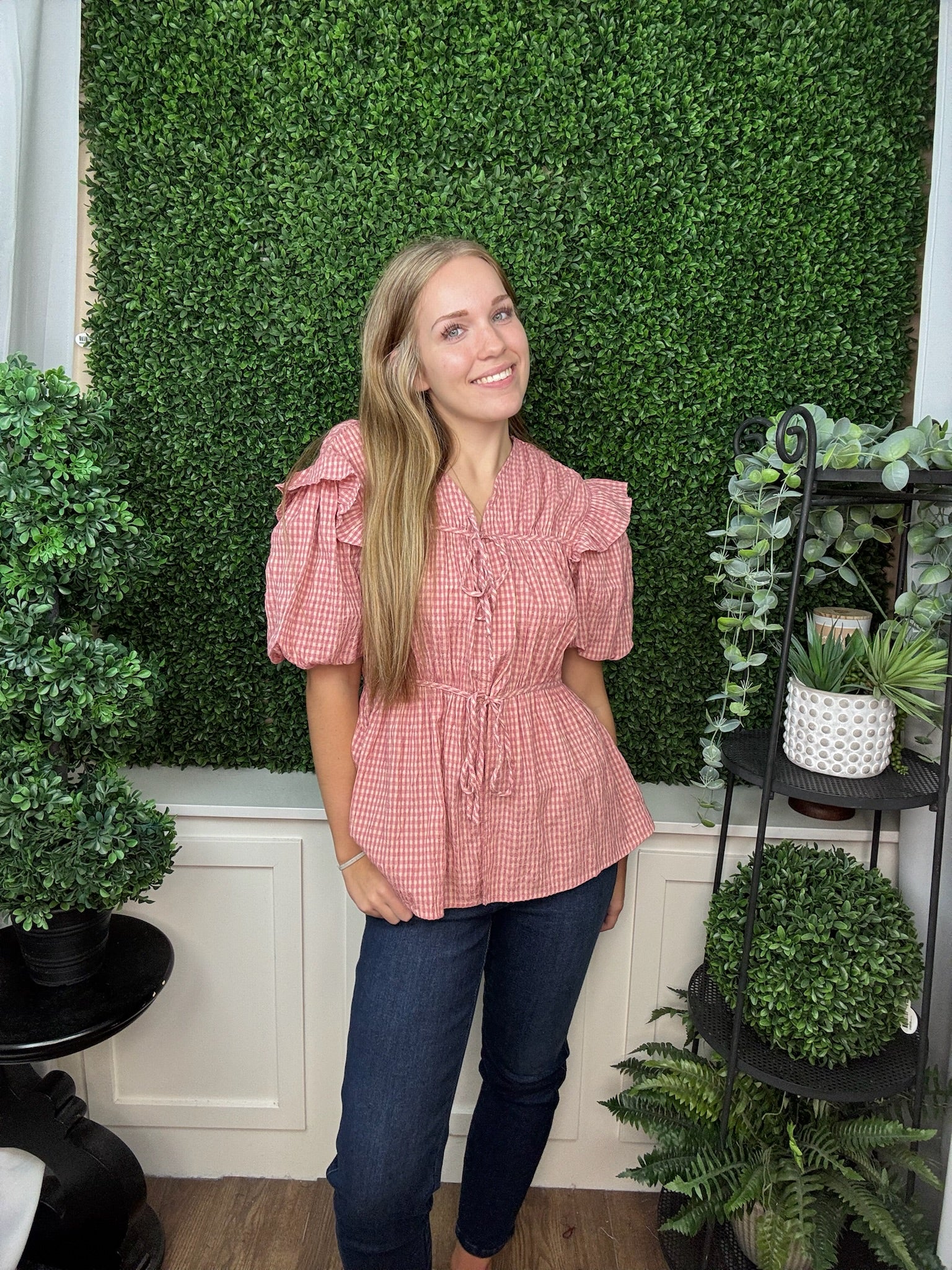 Puff Sleeve Tie-Front Blouse - Blush Gingham