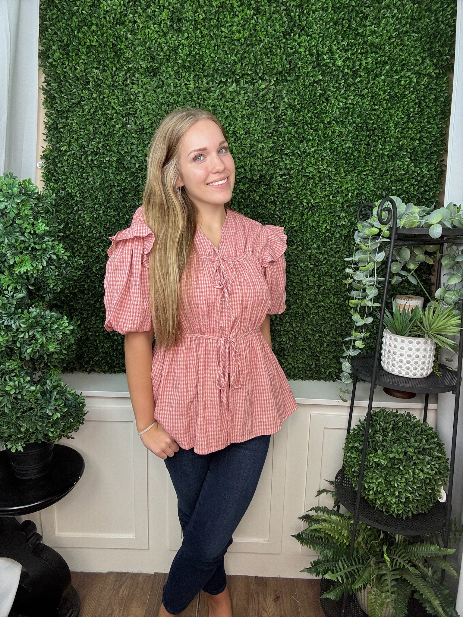 Puff Sleeve Tie-Front Blouse - Blush Gingham