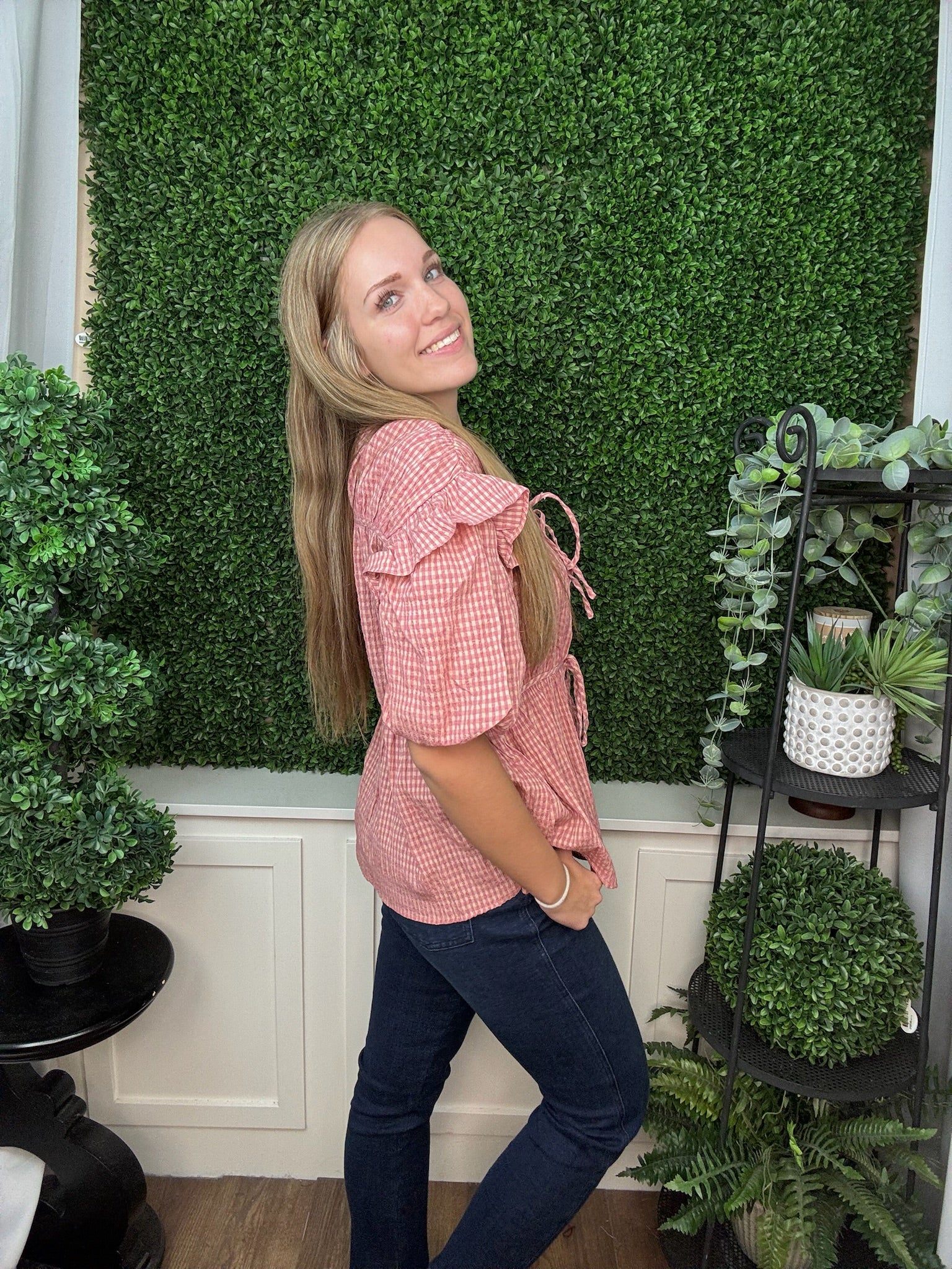 Puff Sleeve Tie-Front Blouse - Blush Gingham