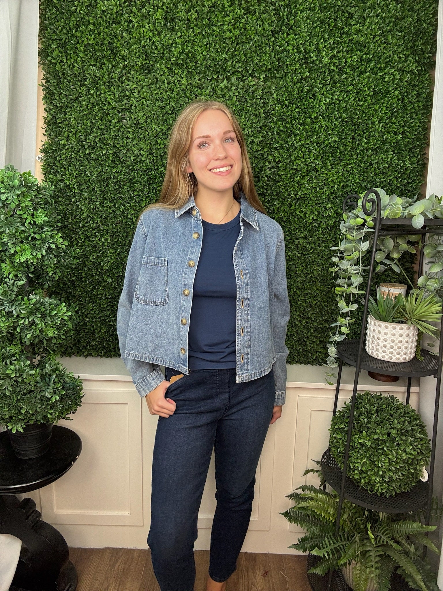 LONG SLEEVE DENIM BUTTON DOWN TOP - DENIM