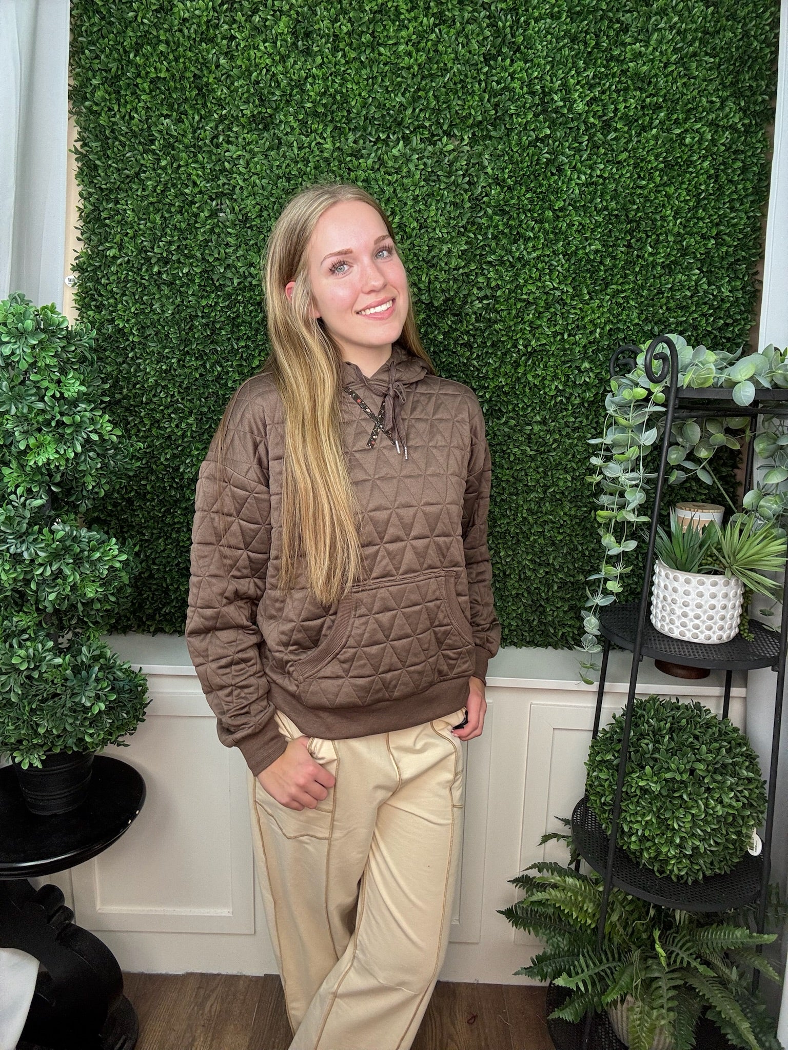 Quilted Hoodie Pullover with Contrast Floral Detail