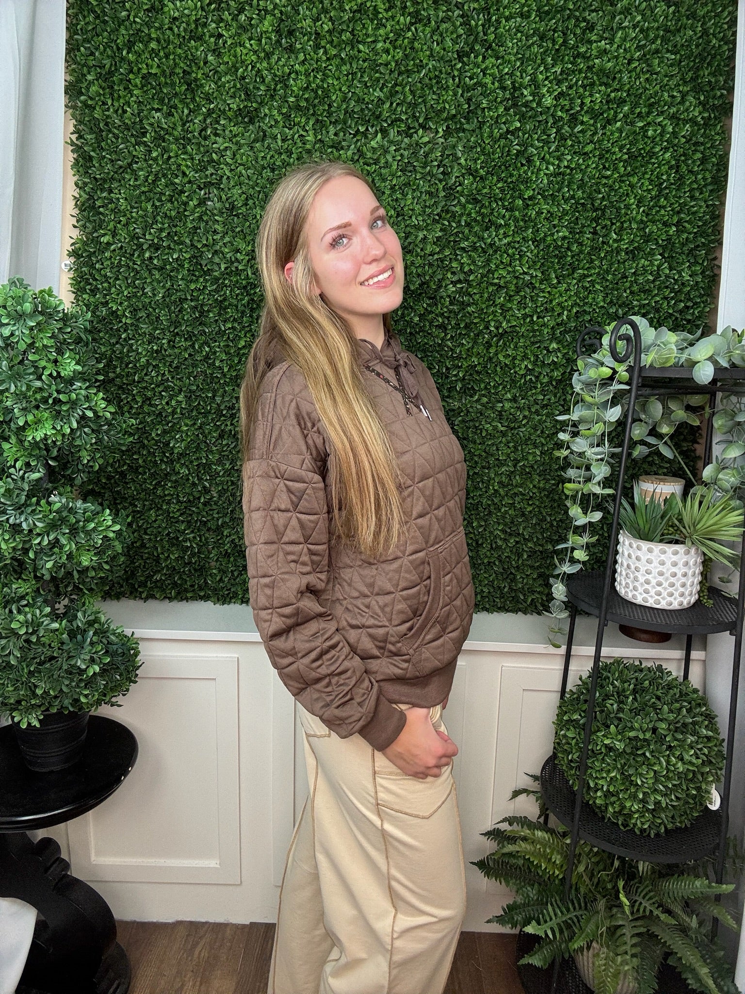 Quilted Hoodie Pullover with Contrast Floral Detail