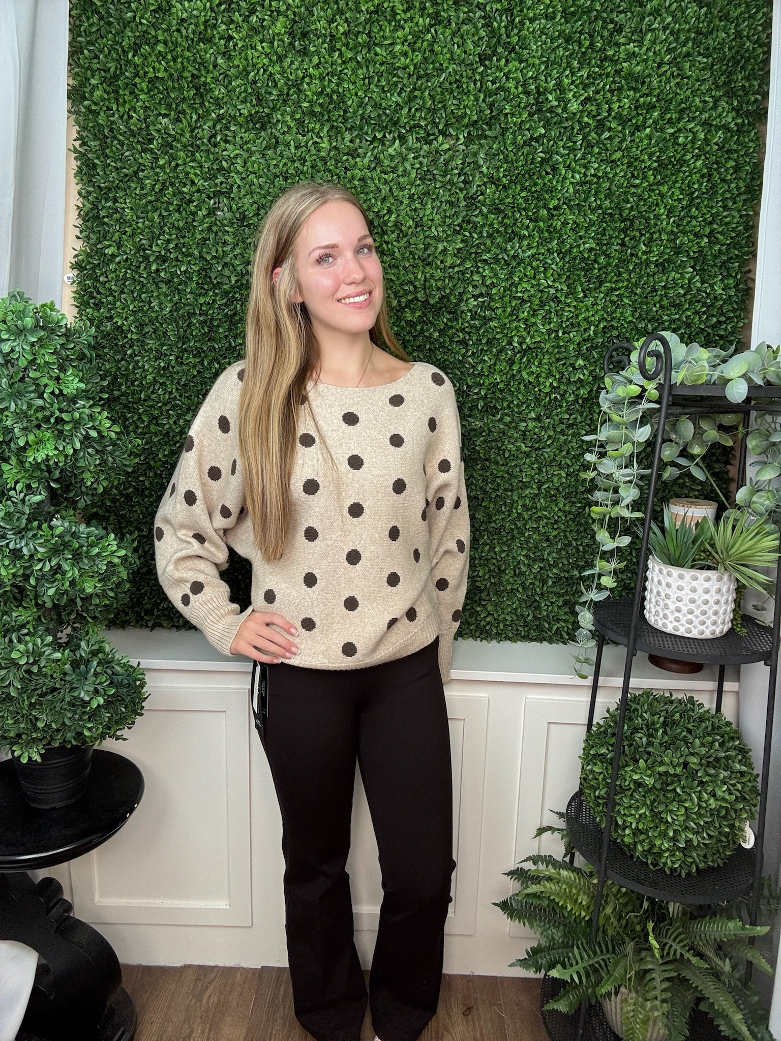 BOAT NECK LONG SLEEVE POLKADOT SWEATER - TAUPE