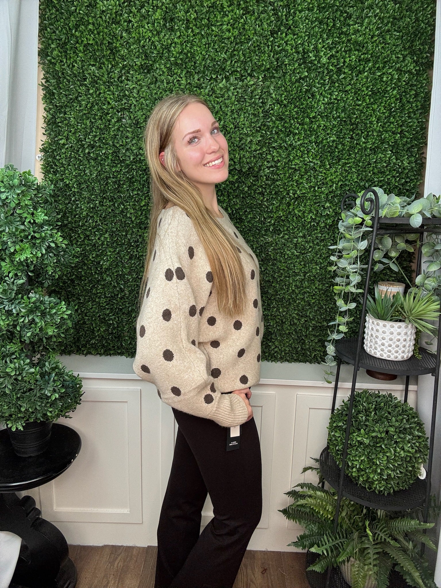 BOAT NECK LONG SLEEVE POLKADOT SWEATER - TAUPE
