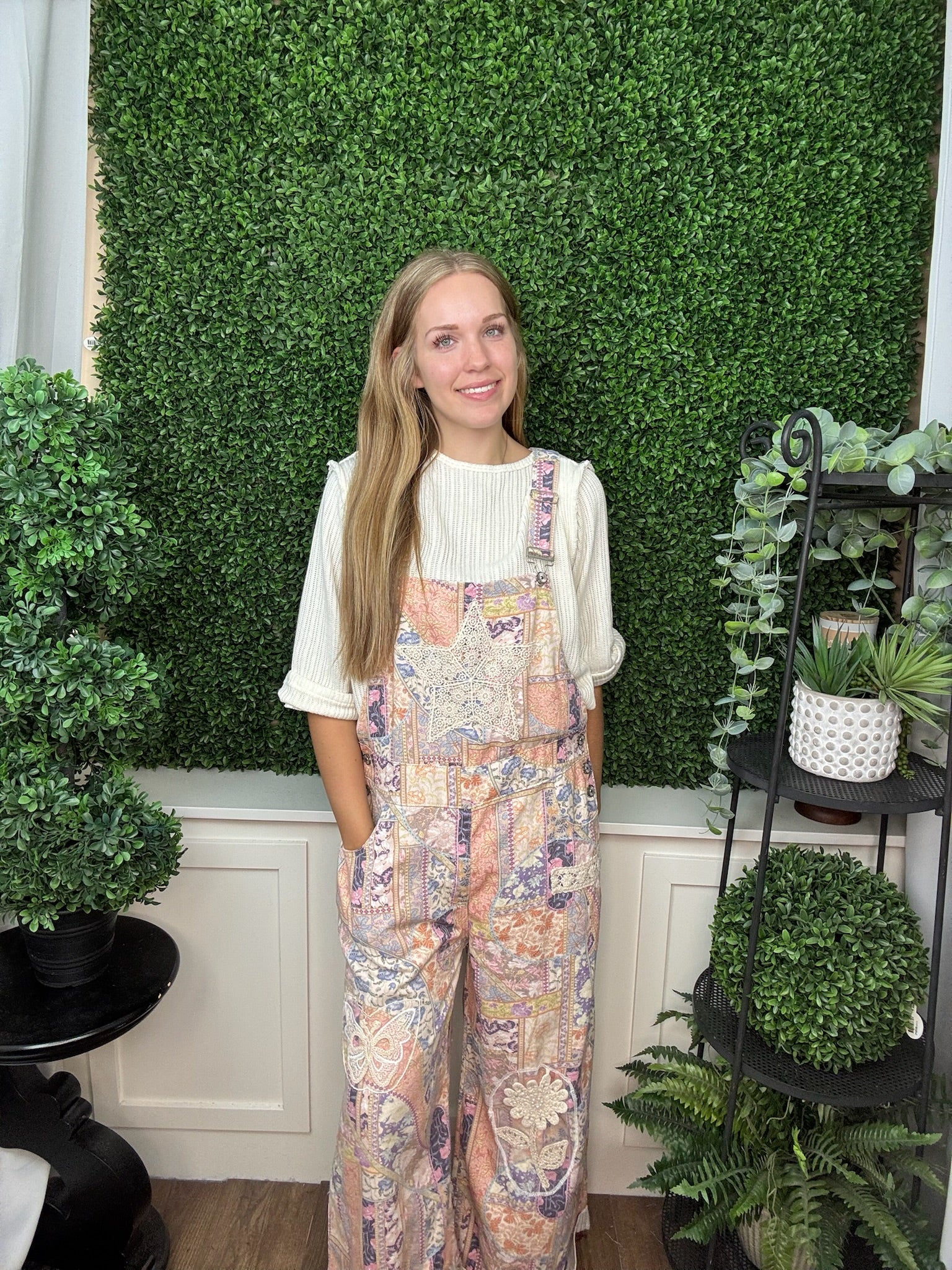 PATCHWORK PRINT OVERALLS WITH APPLIQUÉ DETAILS - FLORAL MULTI
