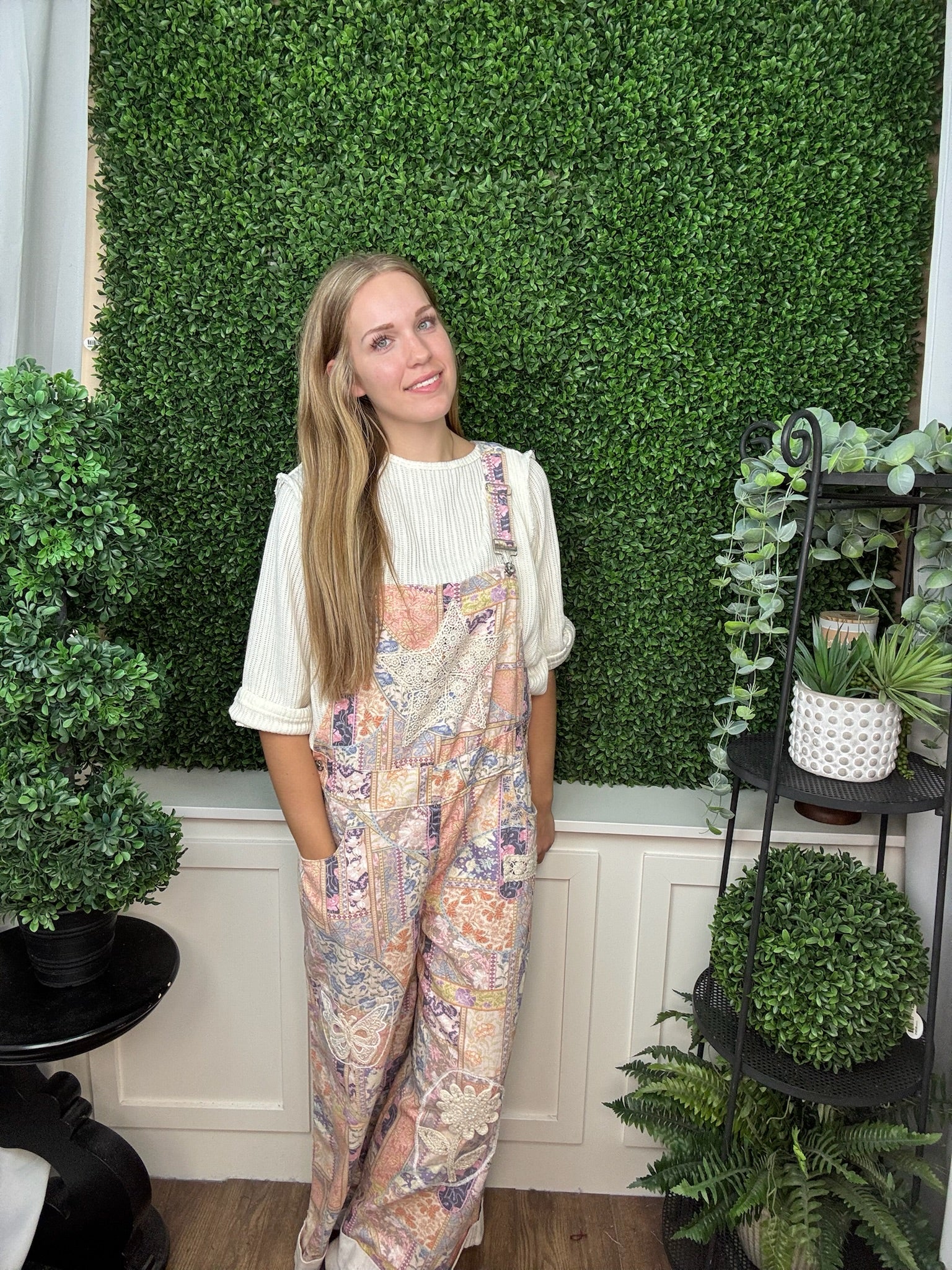 PATCHWORK PRINT OVERALLS WITH APPLIQUÉ DETAILS - FLORAL MULTI