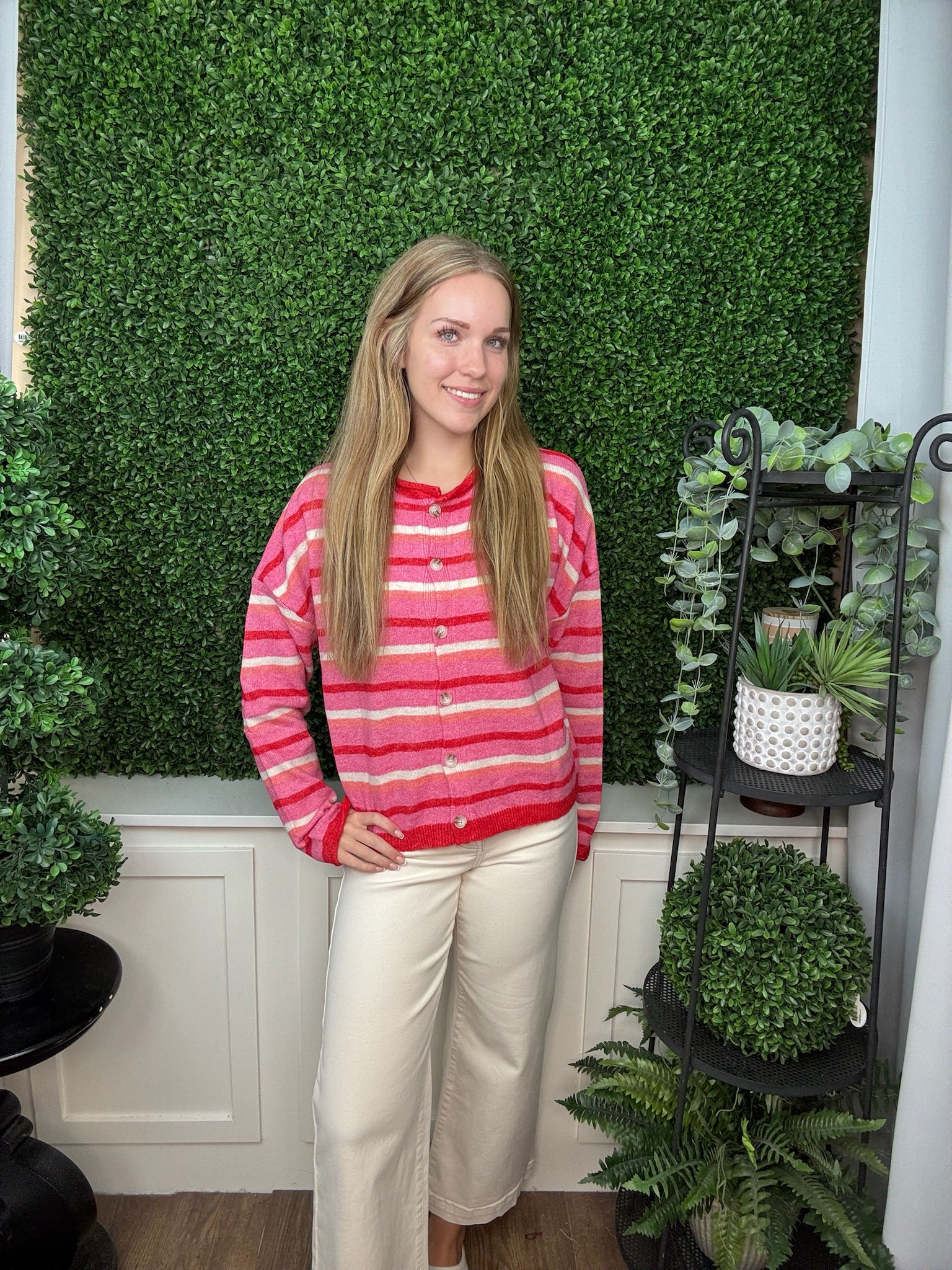 STRIPED BUTTON FRONT KNIT CARDIGAN - PINK
