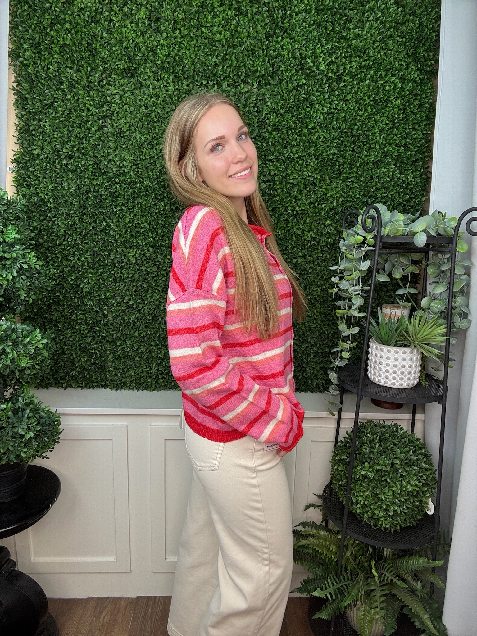 STRIPED BUTTON FRONT KNIT CARDIGAN - PINK