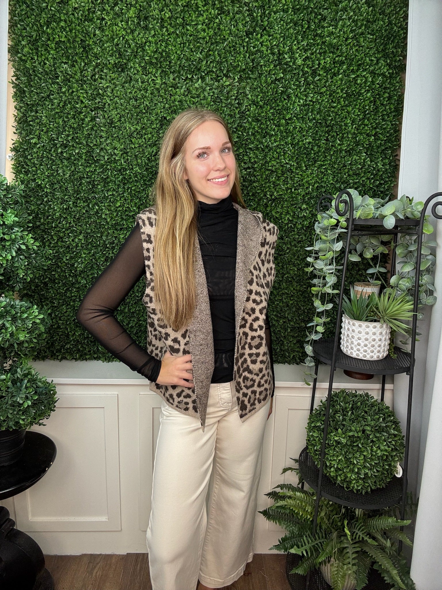 Leopard Jacquard Hooded Open Front Vest