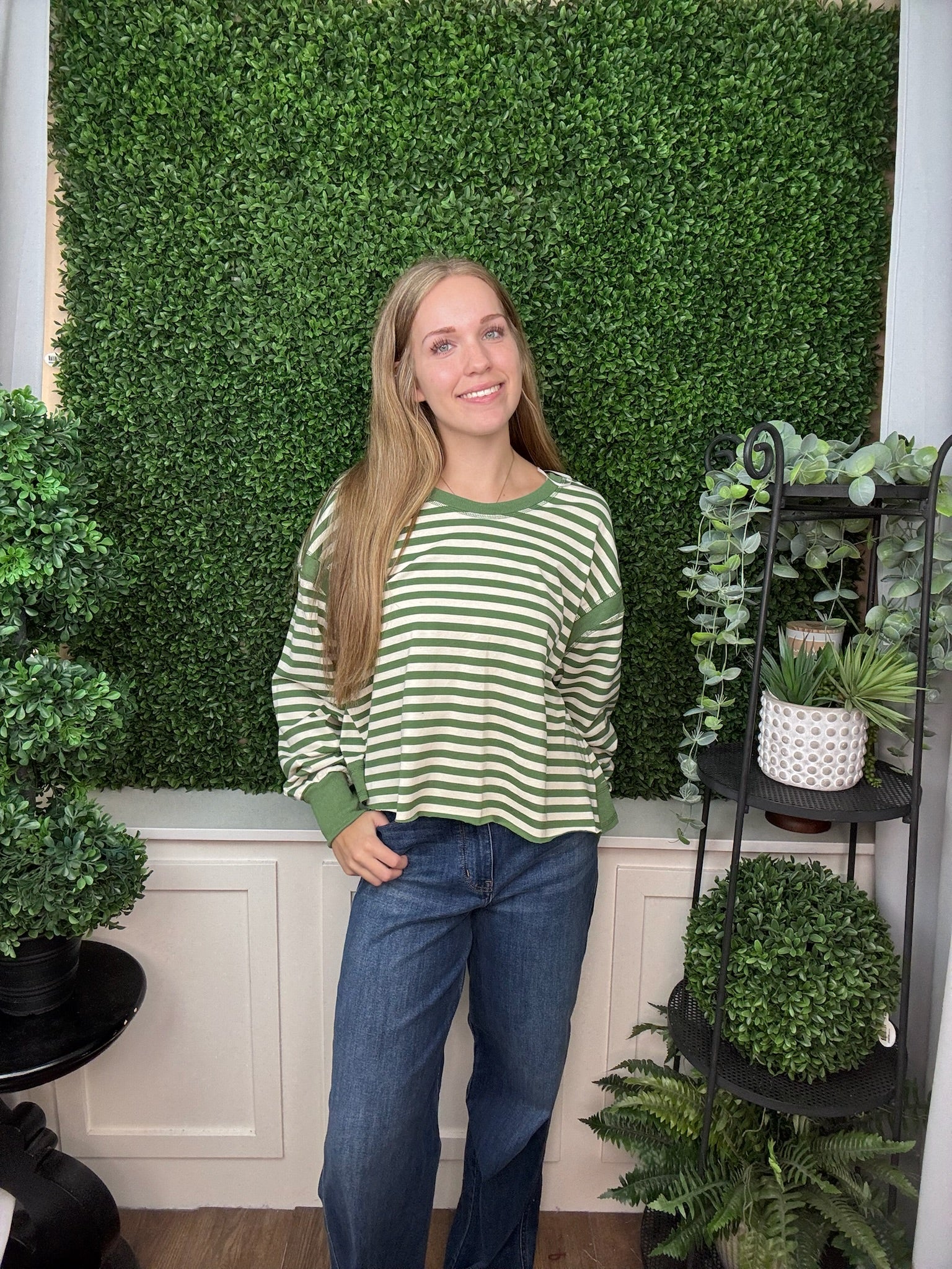 STRIPED CREW NECK LONG SLEEVE TOP - GREEN