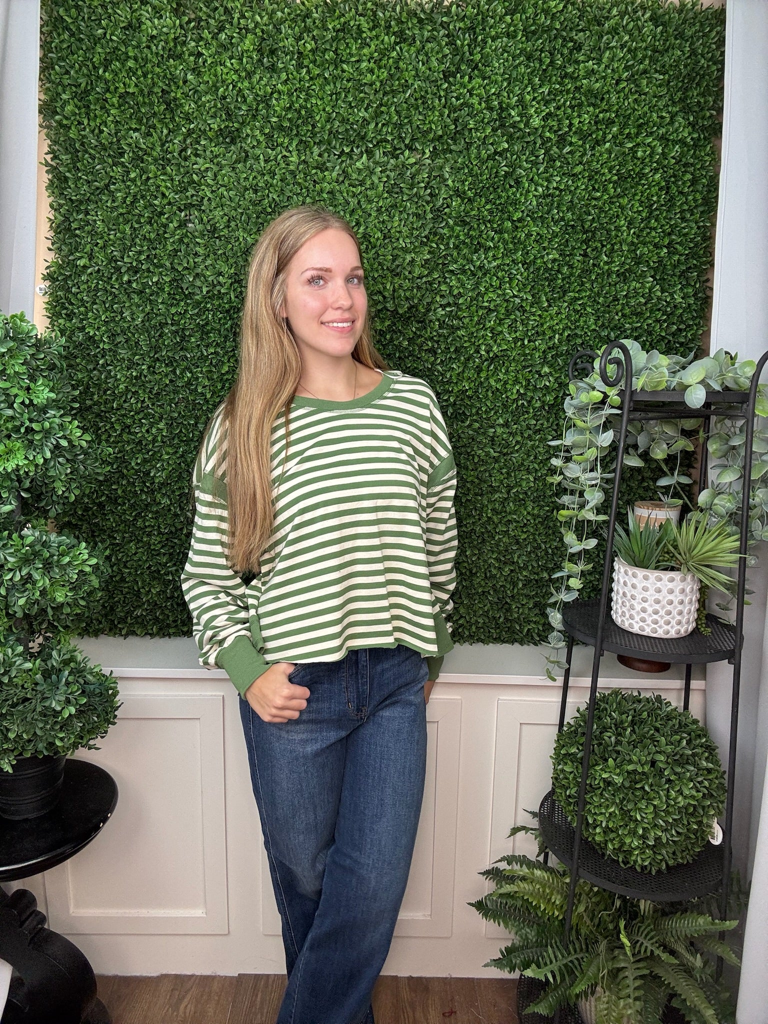 STRIPED CREW NECK LONG SLEEVE TOP - GREEN