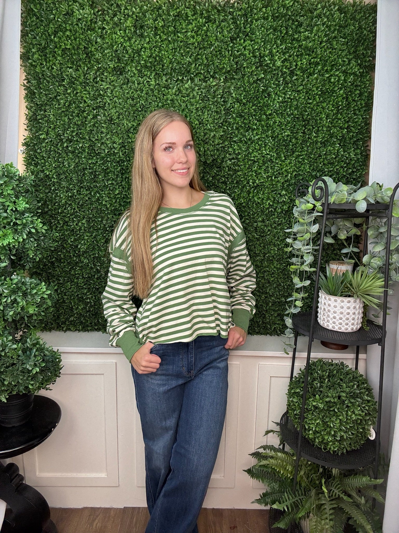 STRIPED CREW NECK LONG SLEEVE TOP - GREEN