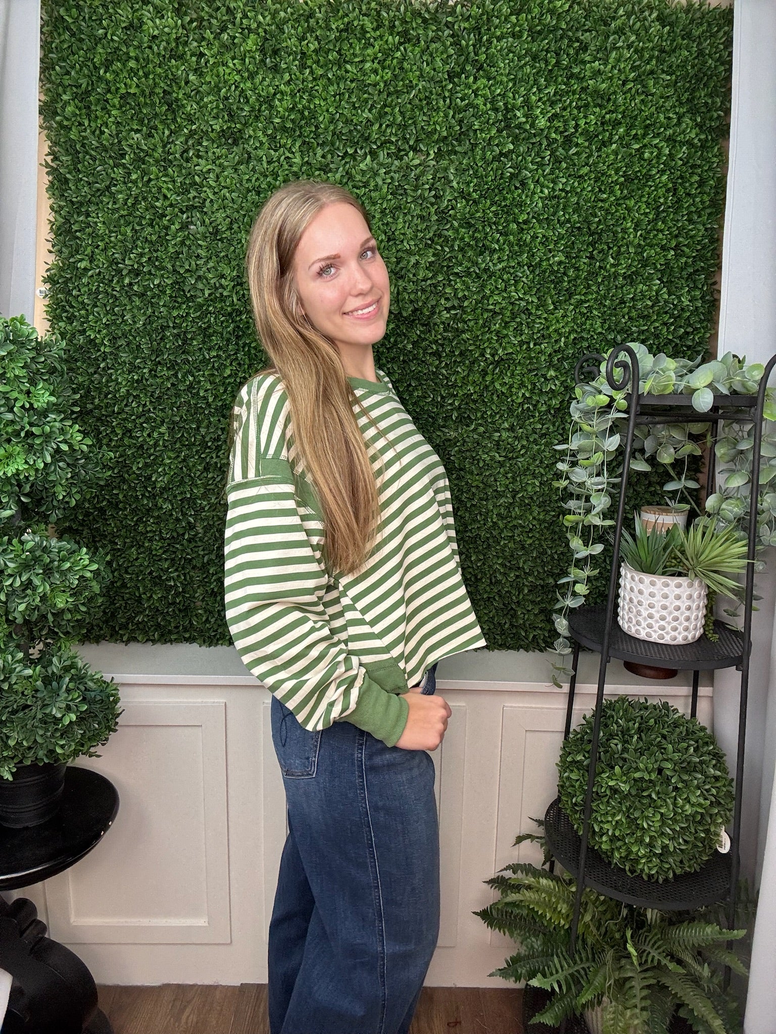 STRIPED CREW NECK LONG SLEEVE TOP - GREEN