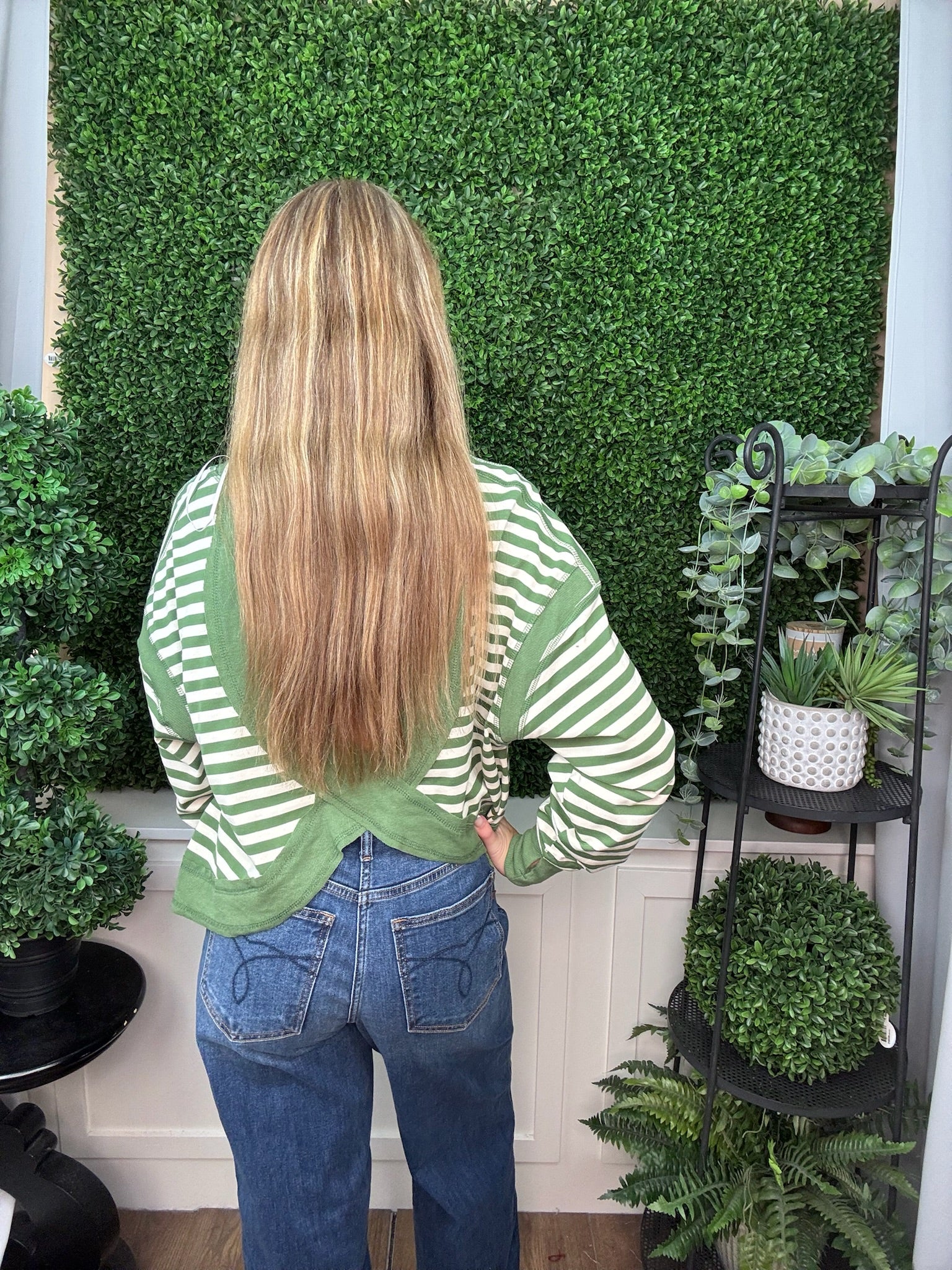 STRIPED CREW NECK LONG SLEEVE TOP - GREEN
