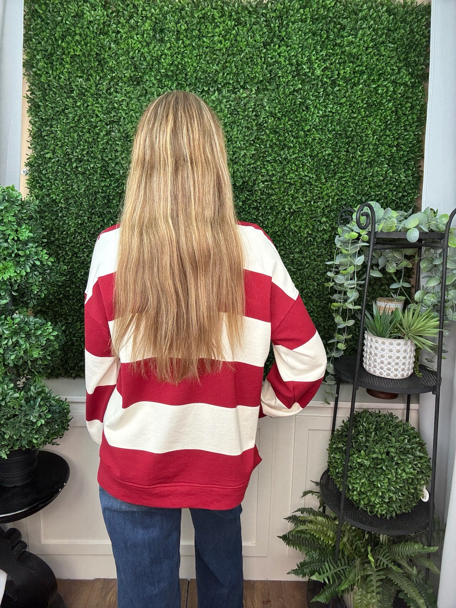 COLORBLOCK STRIPED CREWNECK SWEATSHIRT - CHOCO BROWN/ MOCHA/ RED