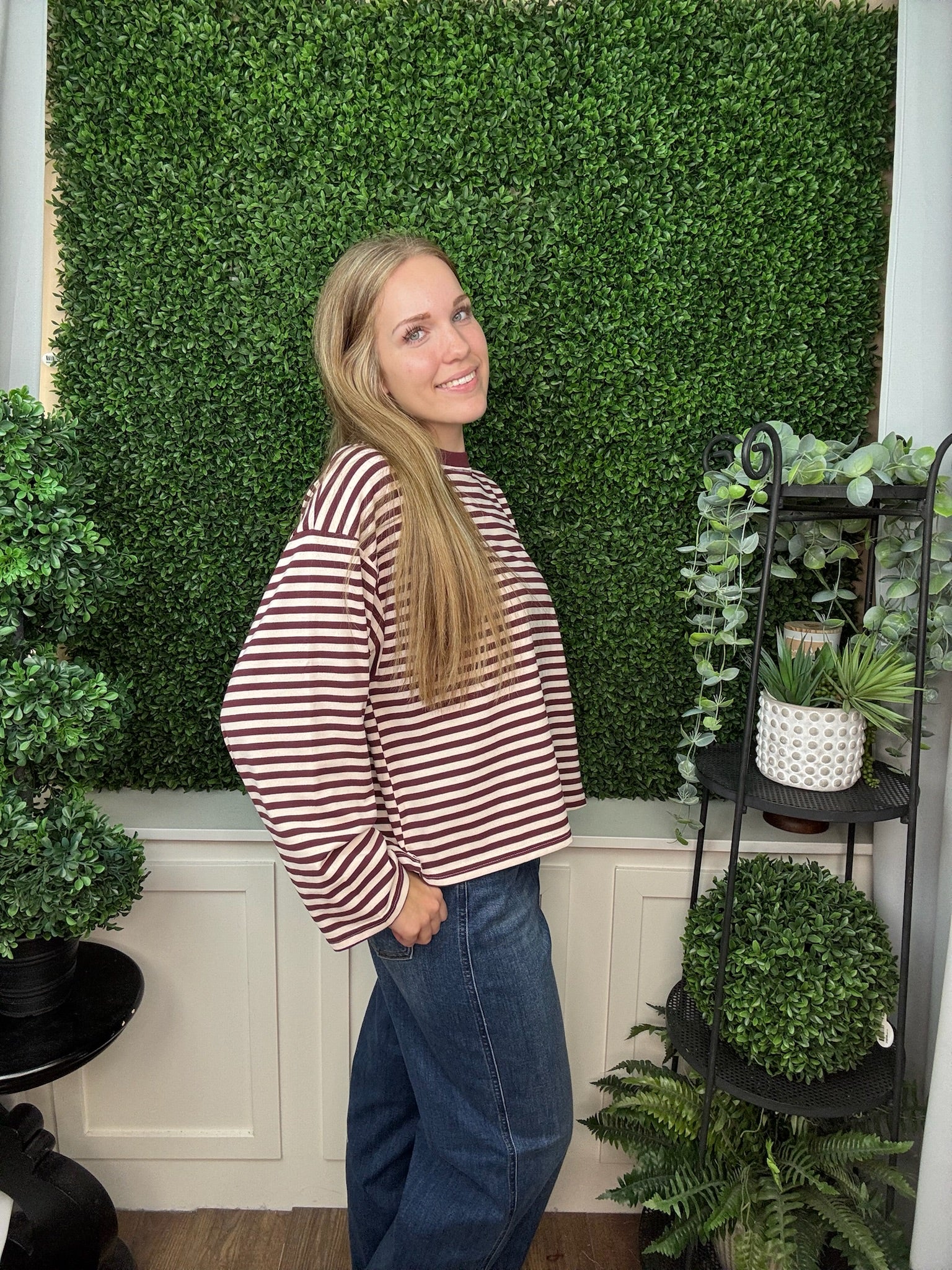 STRIPED CONTRAST TRIM LONG SLEEVE SWEATER TOP - BLUE MULTI/ BURGUNDY MULTI/ NAVY MULTI