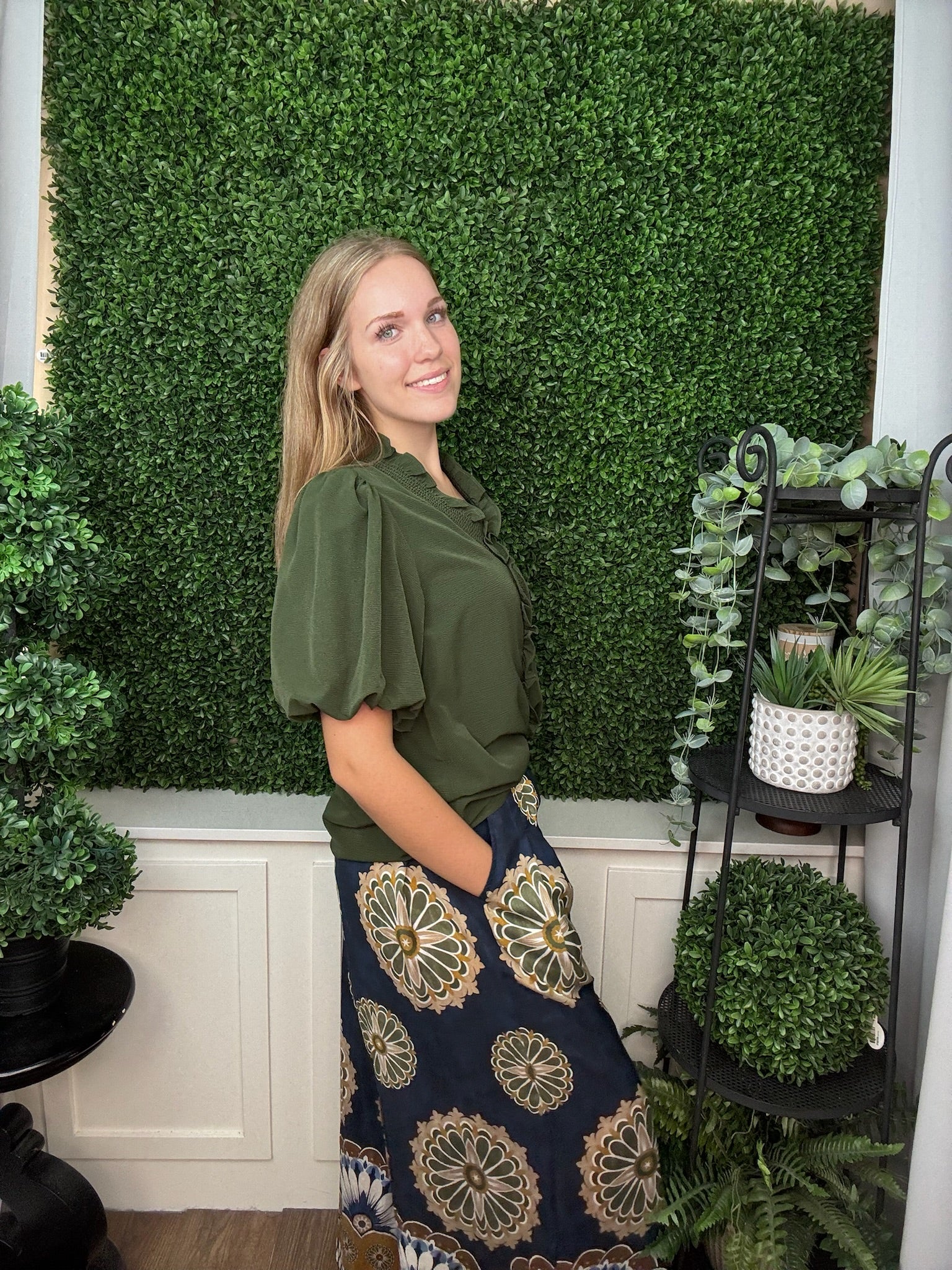 PRINTED WIDE LEG PANTS WAISTBAND AND BORDER PRINT - MIDNIGHT