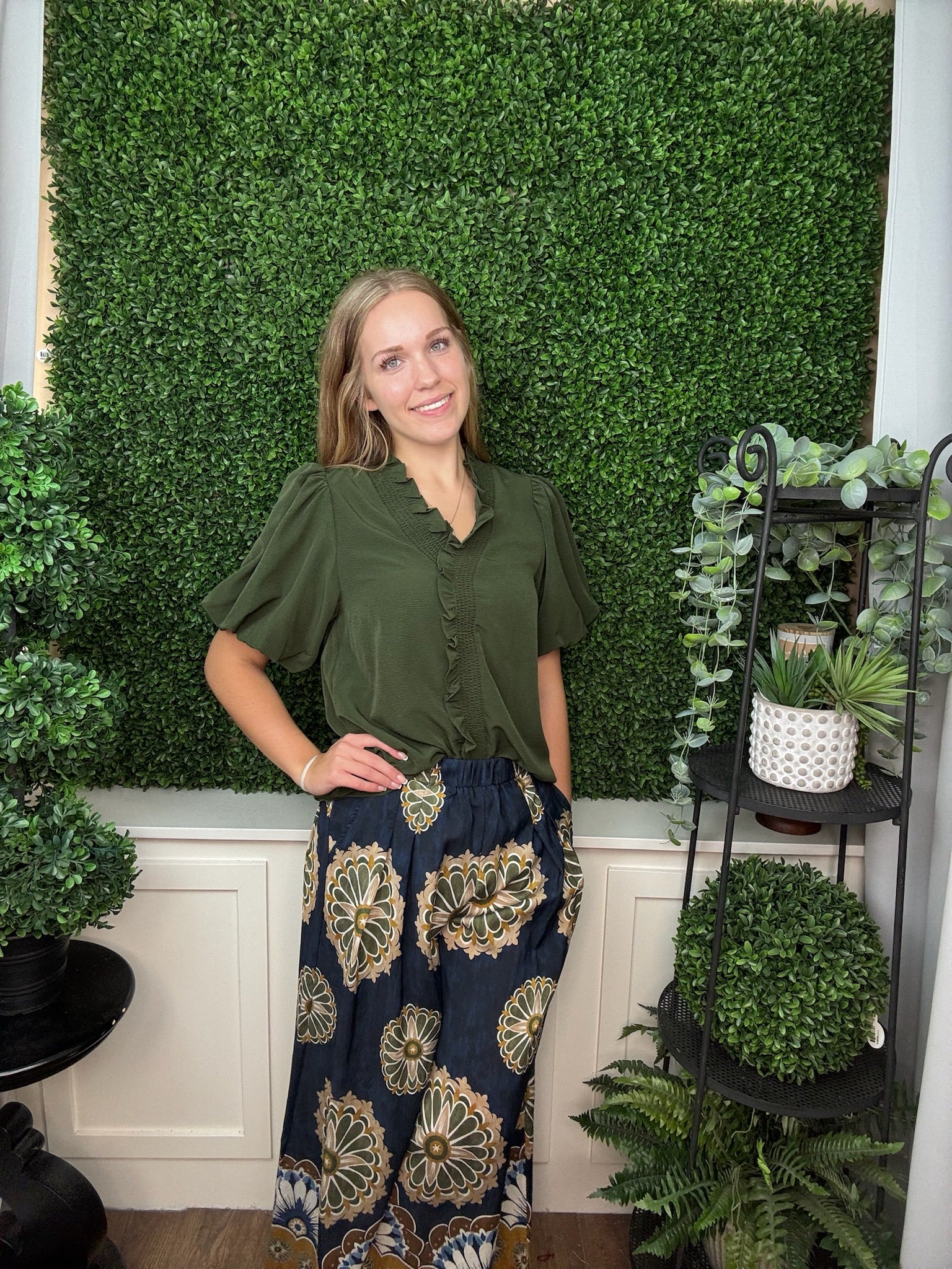 PRINTED WIDE LEG PANTS WAISTBAND AND BORDER PRINT - MIDNIGHT