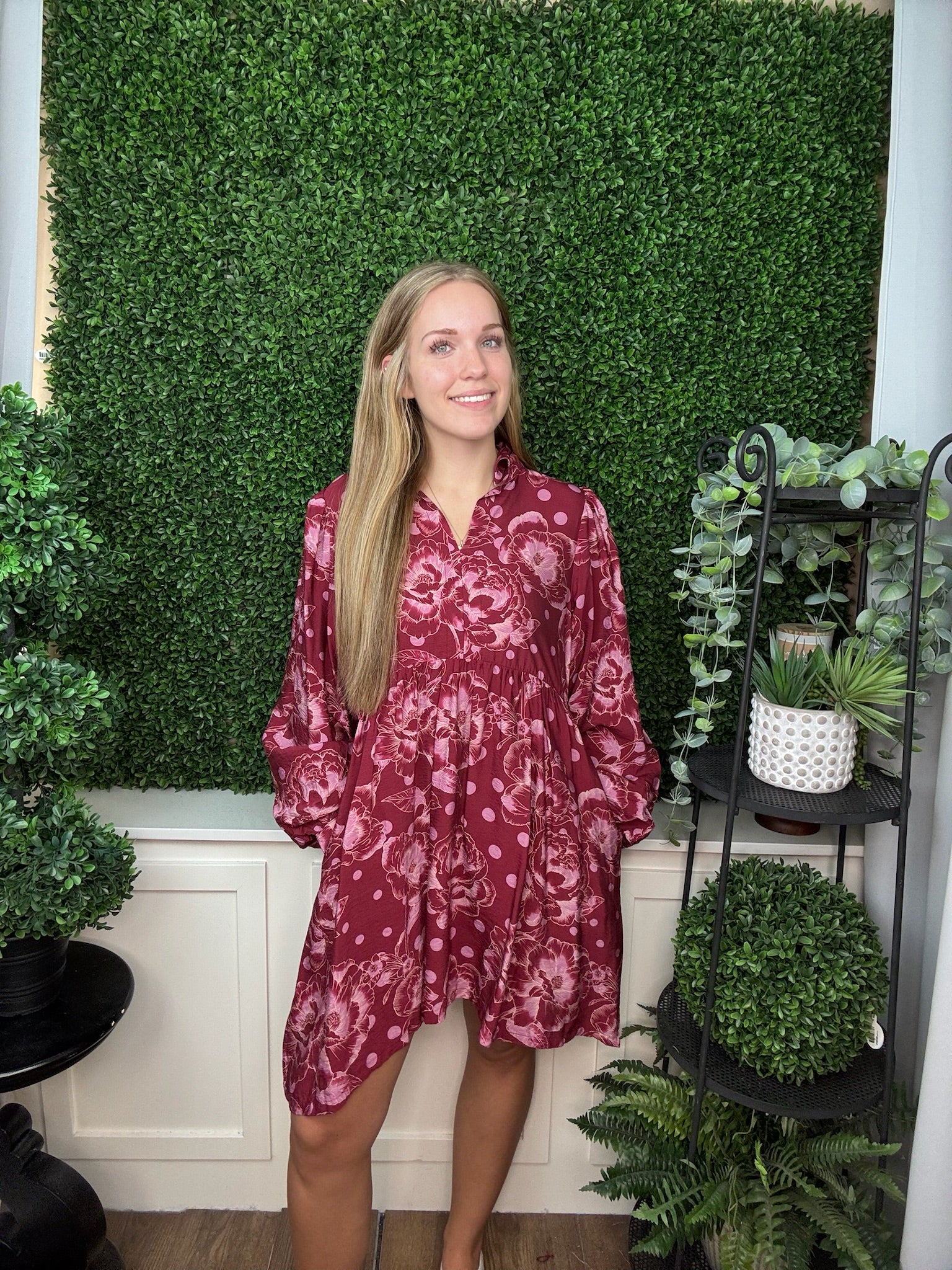LONG PUFF SLEEVE FLORAL MINI DRESS - BURGUNDY