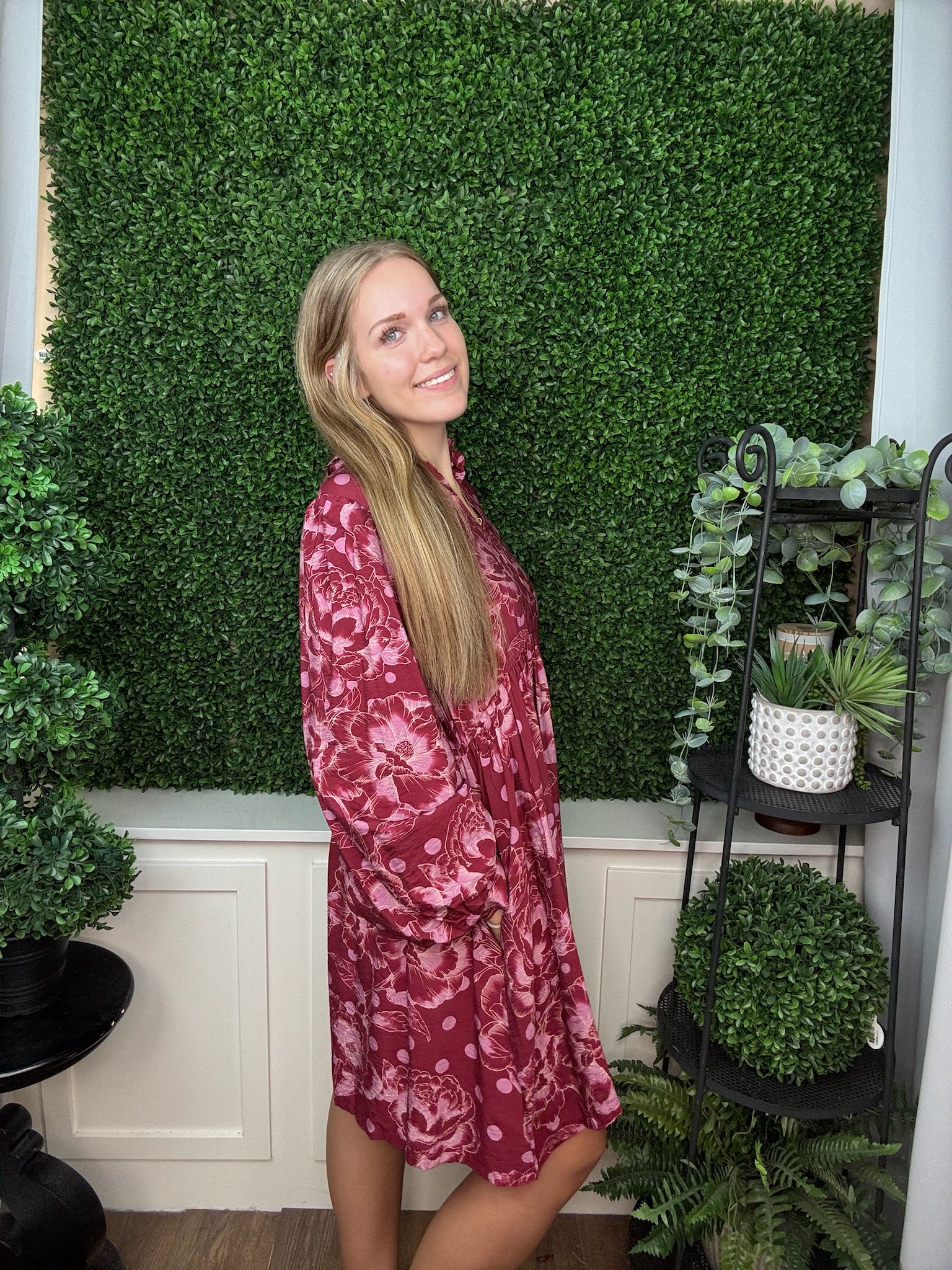 LONG PUFF SLEEVE FLORAL MINI DRESS - BURGUNDY